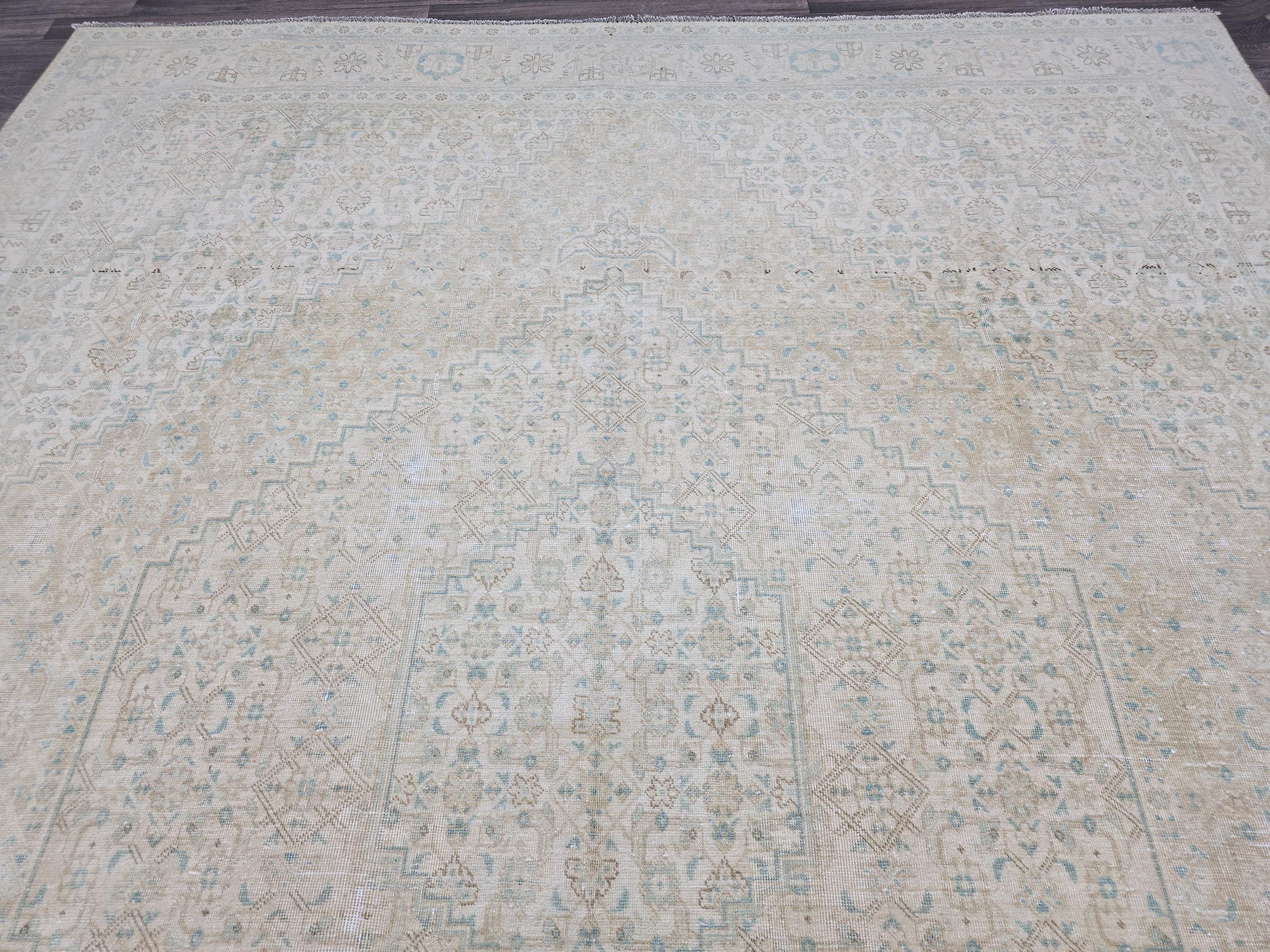 10x12 Muted Vintage Oushak Area  Rug Geometric Cream Beige Sage Green Brown