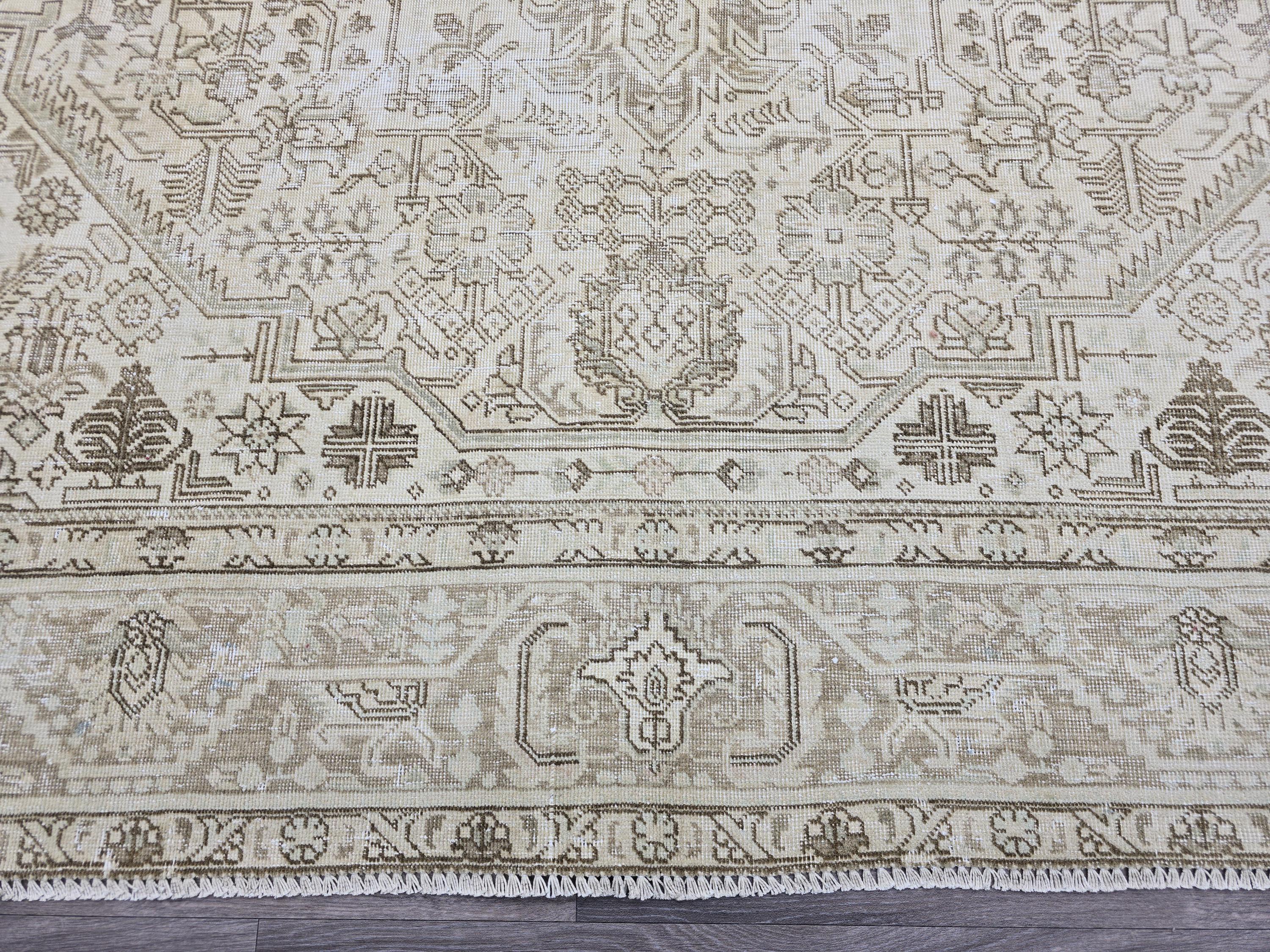 Oversize Vintage Oushak Rug (9.3x12.45 ft): Neutral Beige Turkish Hand-Knotted Wool Carpet