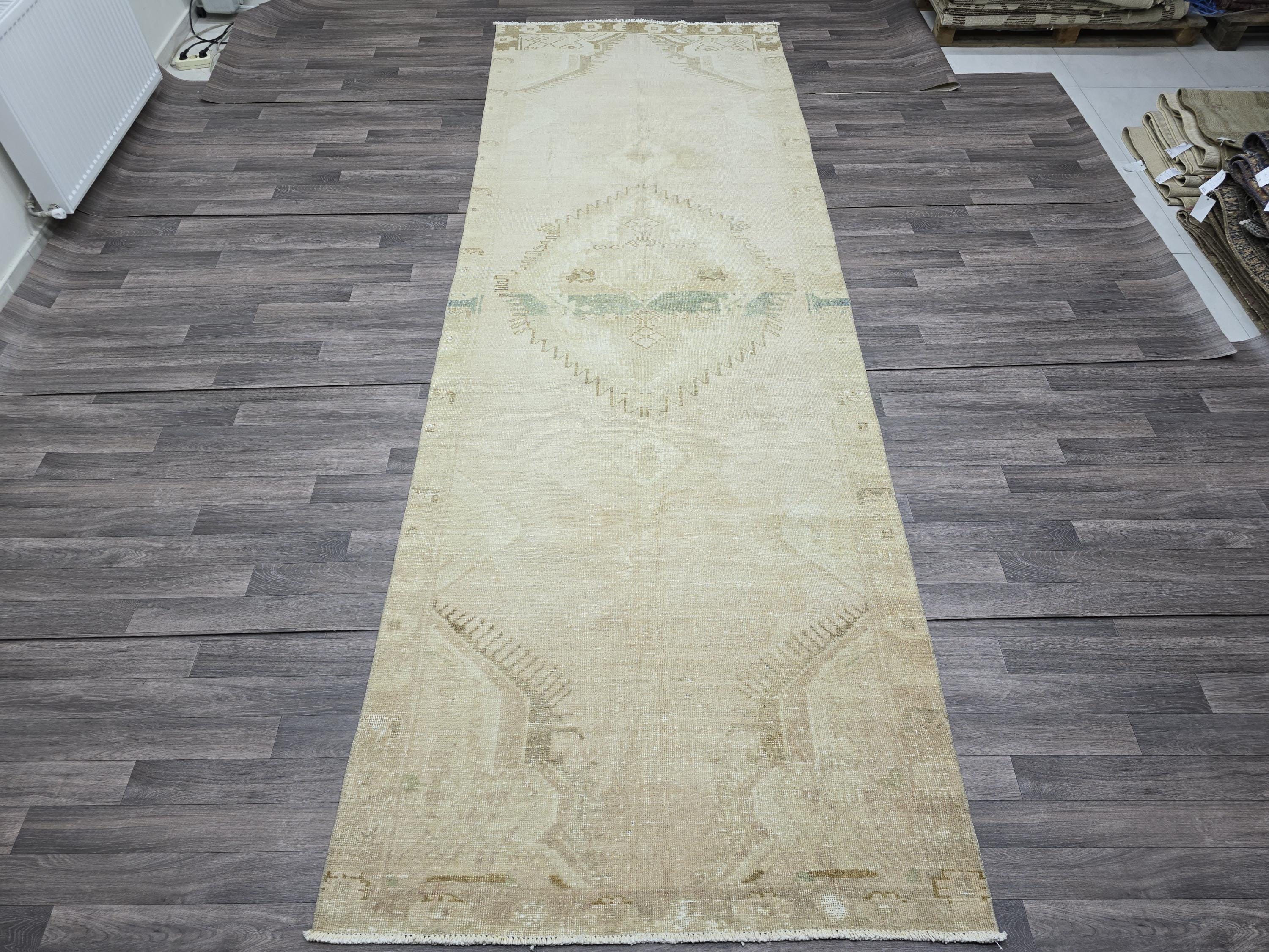 Vintage Turkish Runner Rug: 4.55x13.30 Beige Wool Hallway Carpet