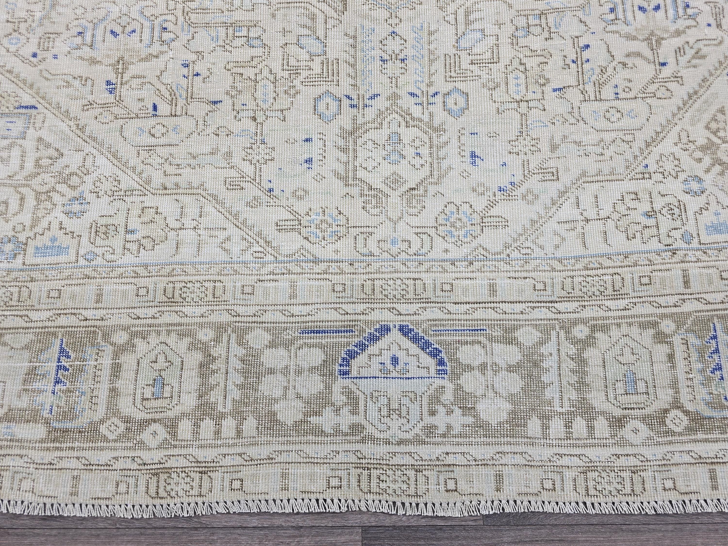Vintage Turkish Oushak Rug 9x12: Hand-Knotted Wool, Beige & Blue