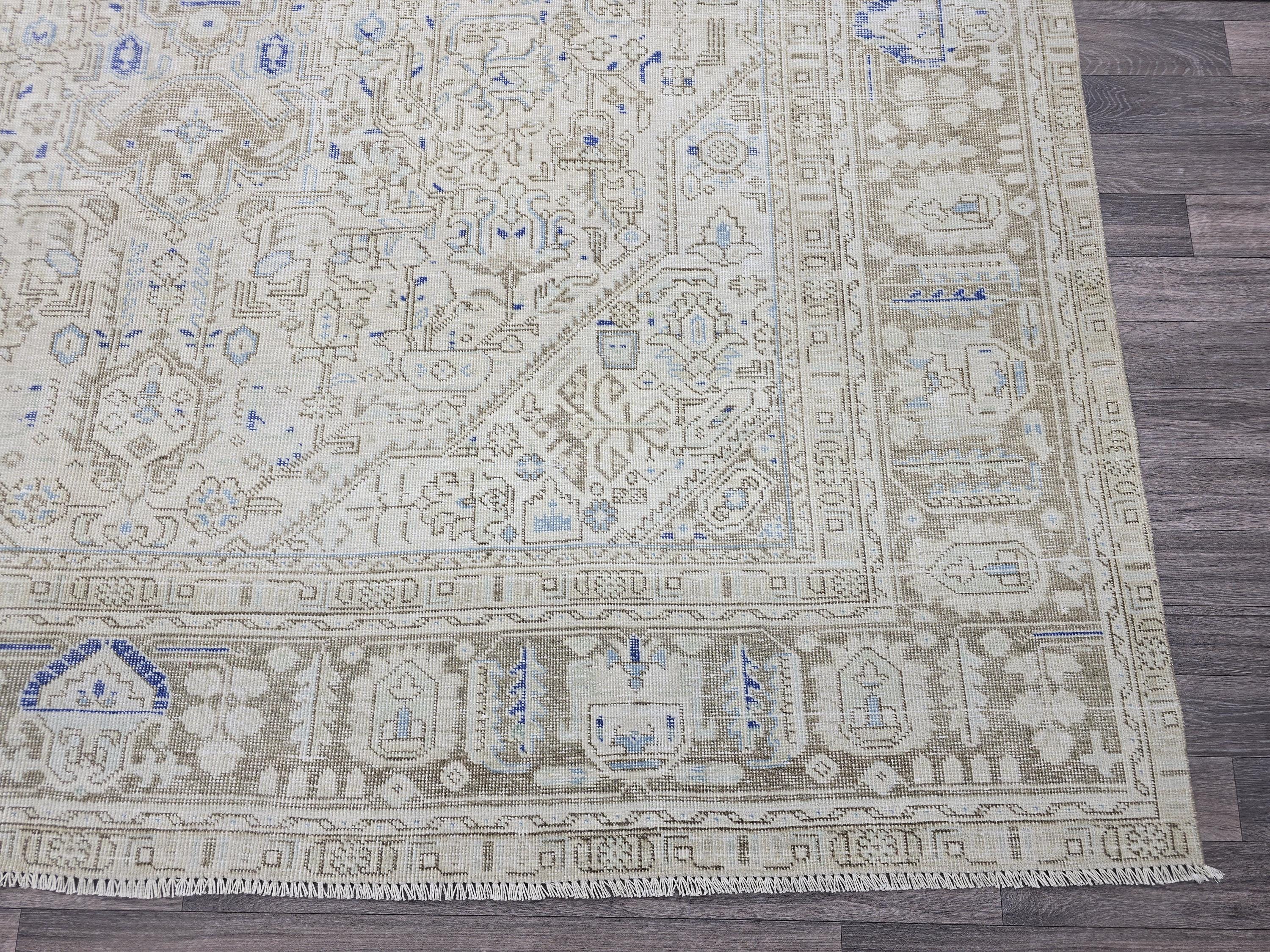 Vintage Turkish Oushak Rug 9x12: Hand-Knotted Wool, Beige & Blue