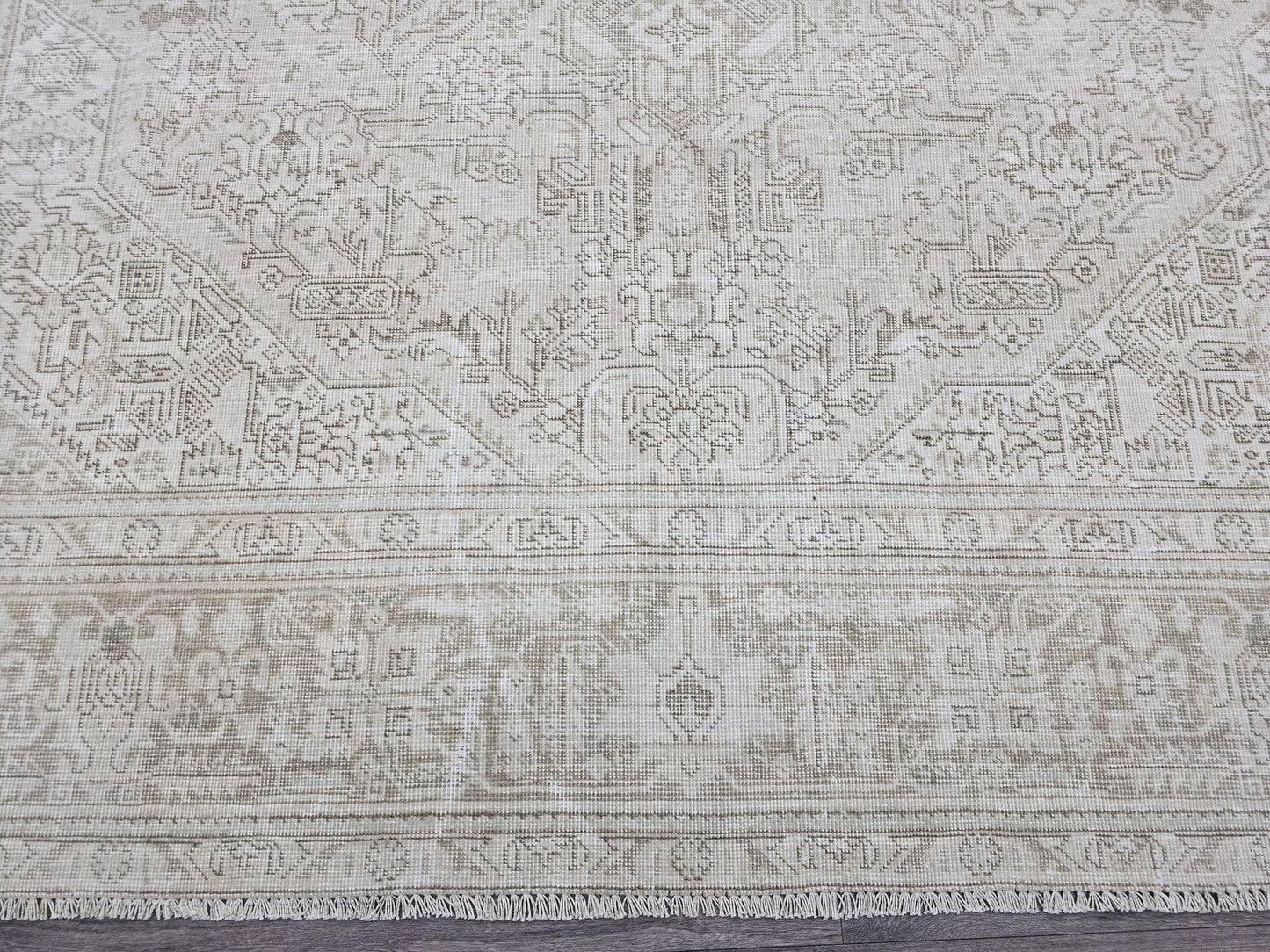 Vintage Neutral Wool Rug: 9.30x12.25 ft, Hand-Woven Distressed Turkish Carpet