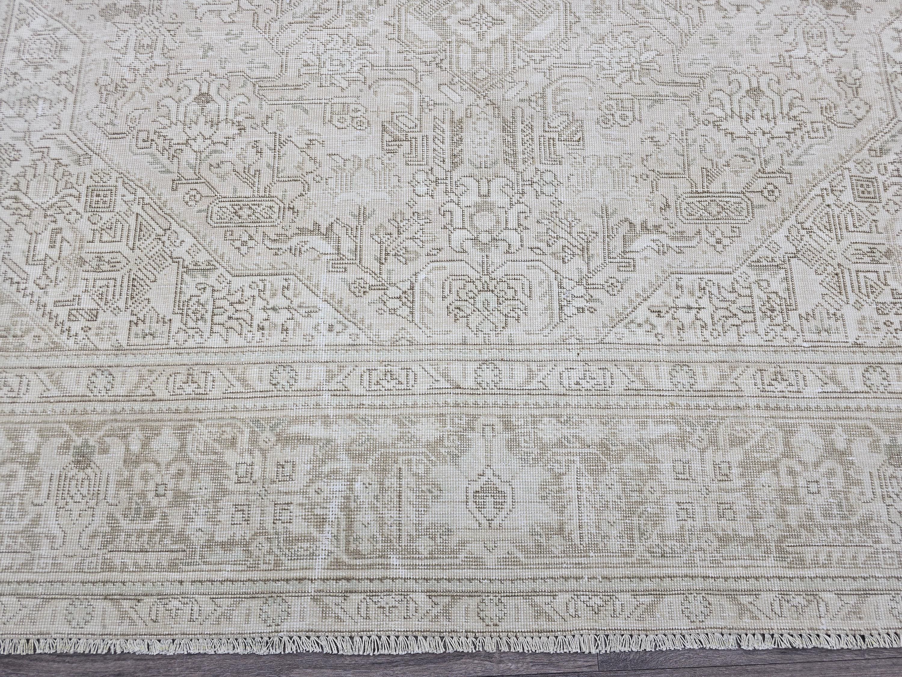 Vintage Neutral Wool Rug: 9.30x12.25 ft, Hand-Woven Distressed Turkish Carpet
