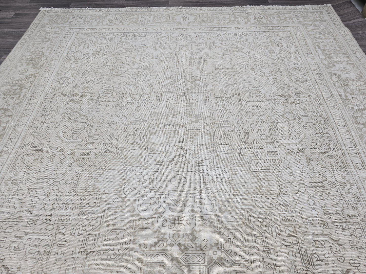 Vintage Neutral Wool Rug: 9.30x12.25 ft, Hand-Woven Distressed Turkish Carpet