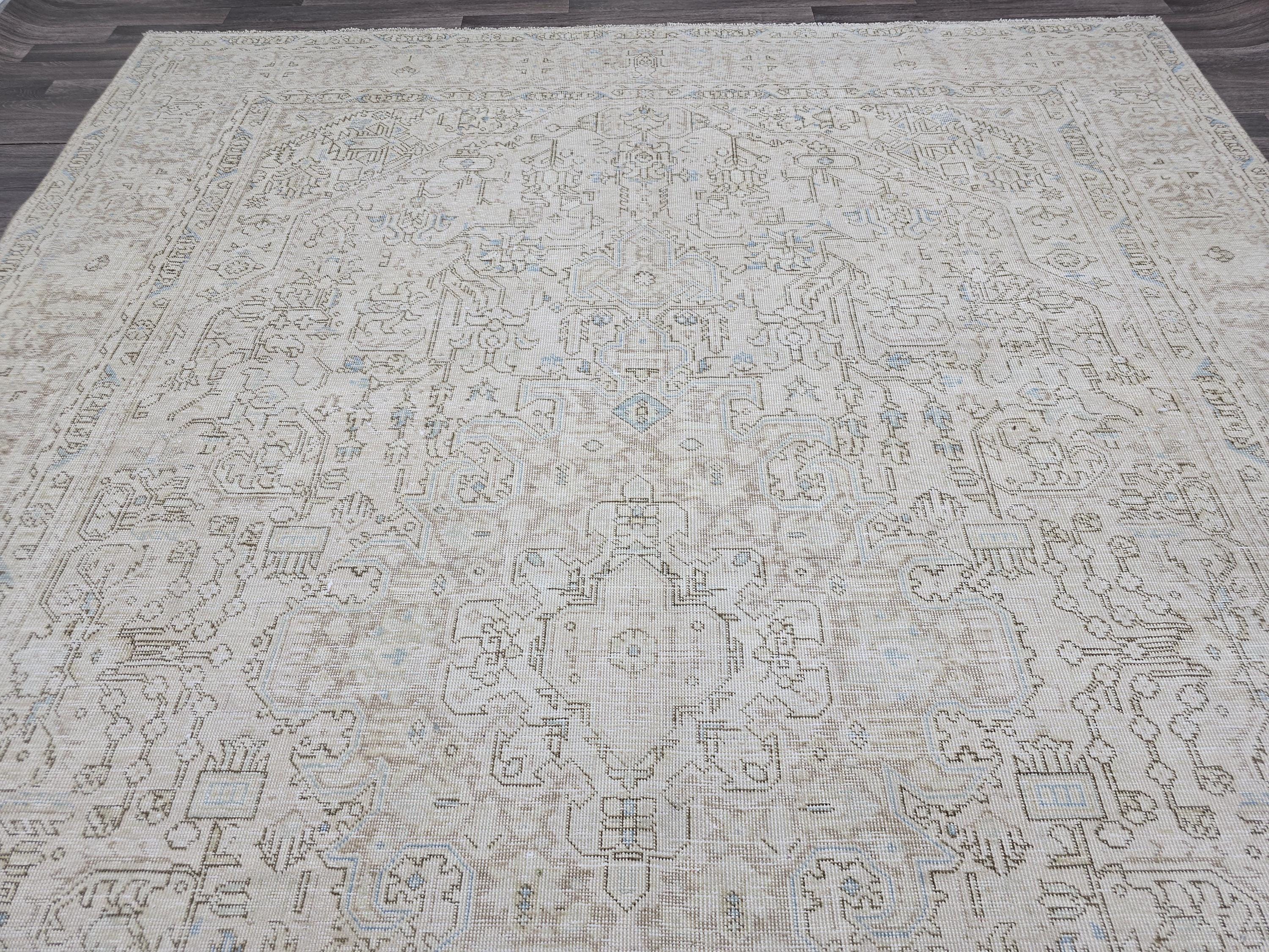 Handmade Distressed Turkish Area Rug: 9.3x12 ft, Faded Neutral Wool