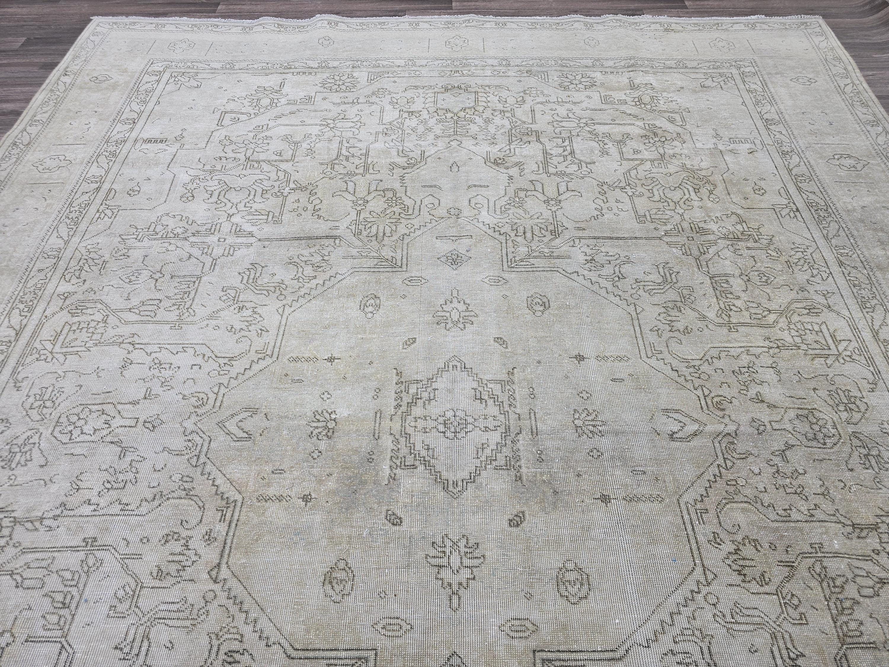 Extra Large Hand-Knotted Wool Rug: 9.5x12.6 ft Distressed Turkish Oriental Carpet