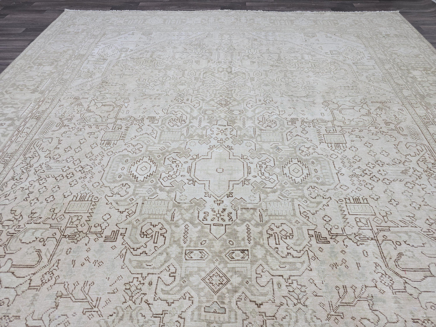 10x12 Neutral Vintage Hand-Knotted Geometric Rug - Beige & Brown | Faded Tan Hue | Large Area Rug 9.6x12.4 ft Heriz Carpet