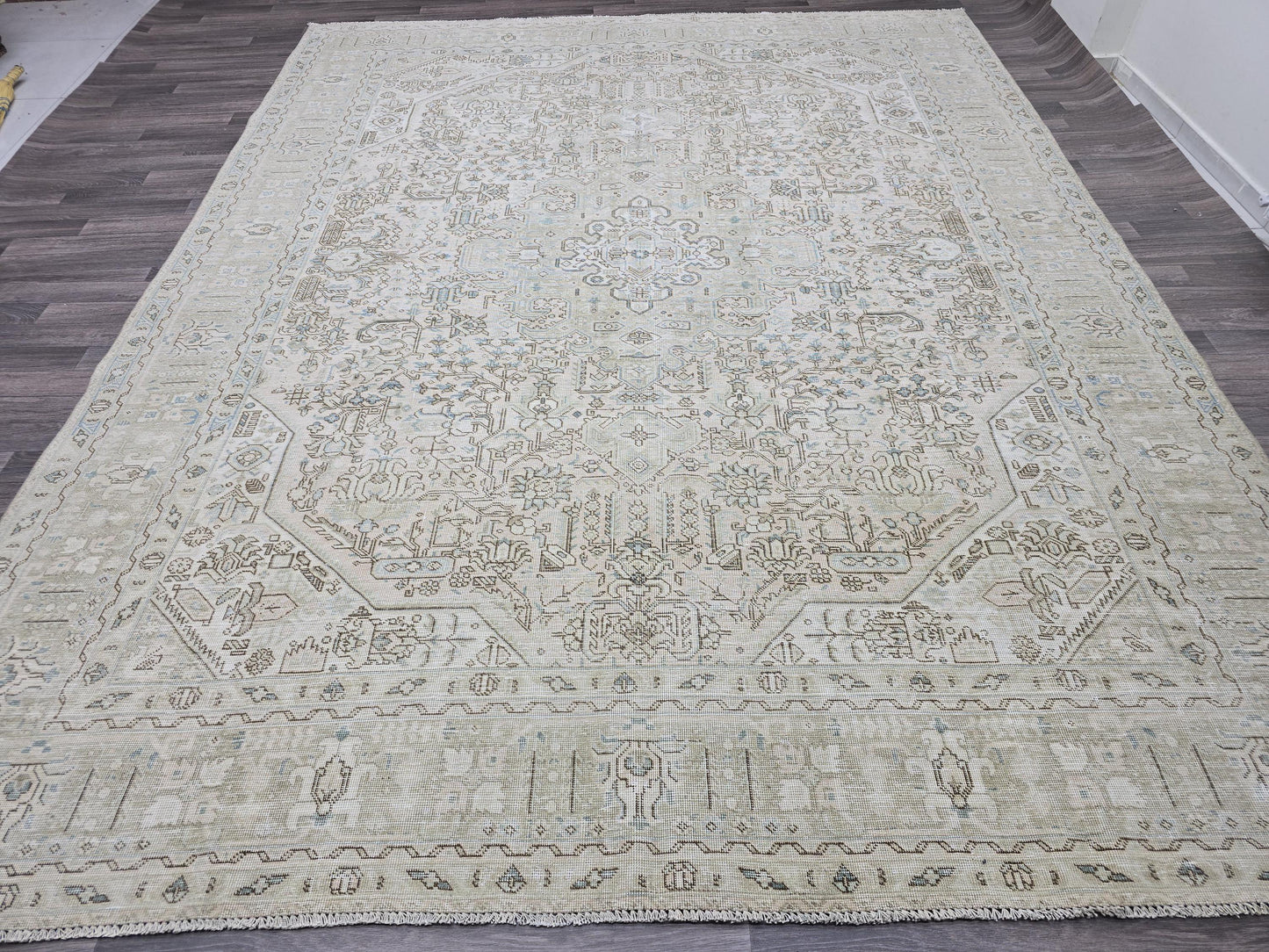Vintage Turkish Oushak Rug 9.5x12 Large Neutral Area Rug | Beige Gray Geometric Living Room Rug | Distressed Low Pile Oriental Carpet