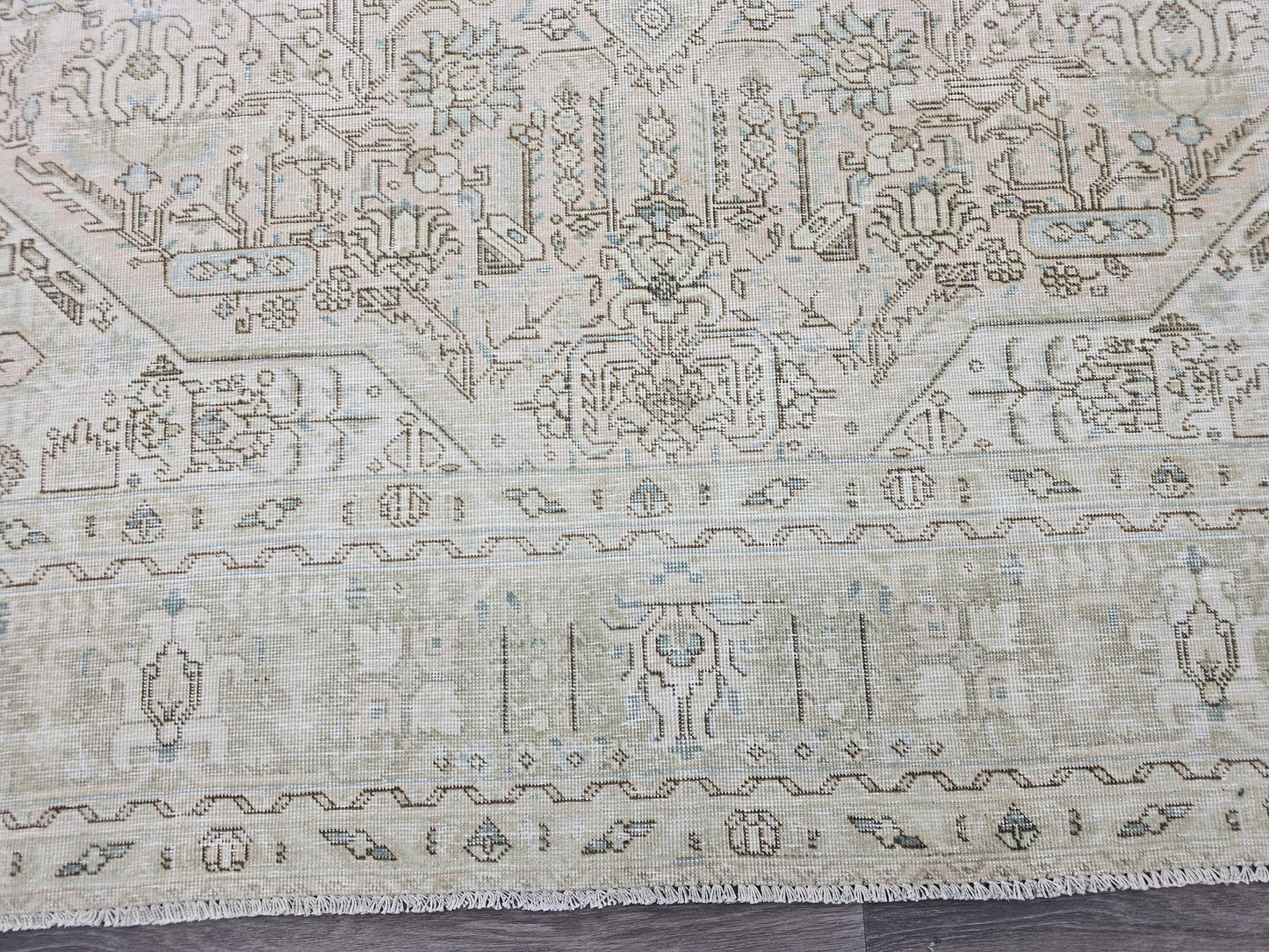 Vintage Turkish Oushak Rug 9.5x12 Large Neutral Area Rug | Beige Gray Geometric Living Room Rug | Distressed Low Pile Oriental Carpet