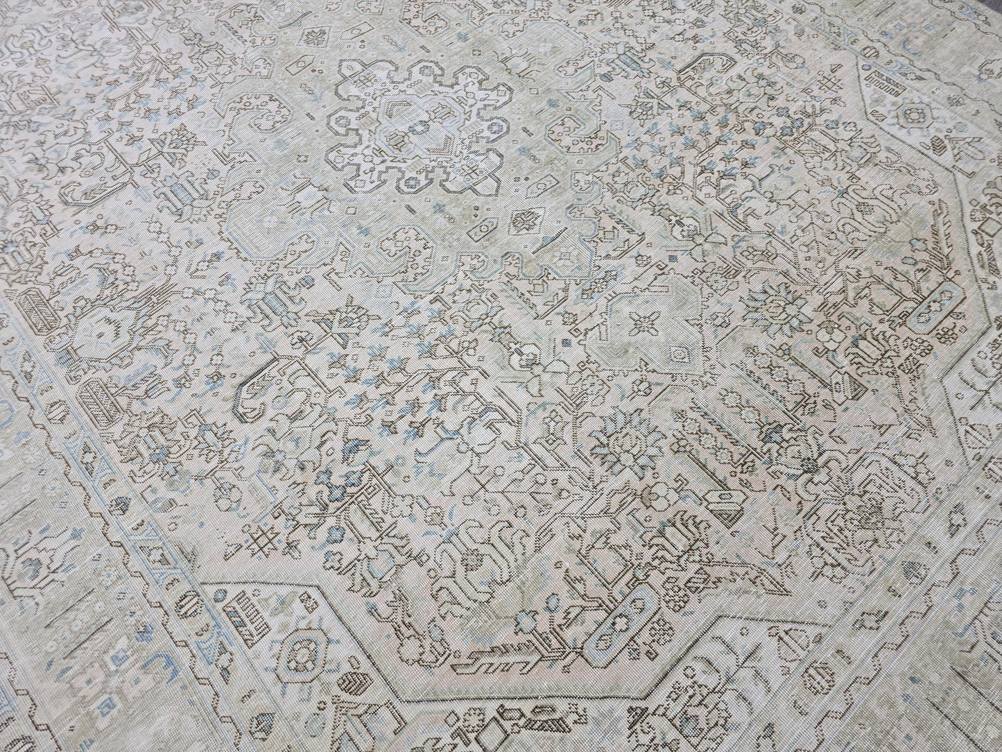 Vintage Turkish Oushak Rug 9.5x12 Large Neutral Area Rug | Beige Gray Geometric Living Room Rug | Distressed Low Pile Oriental Carpet