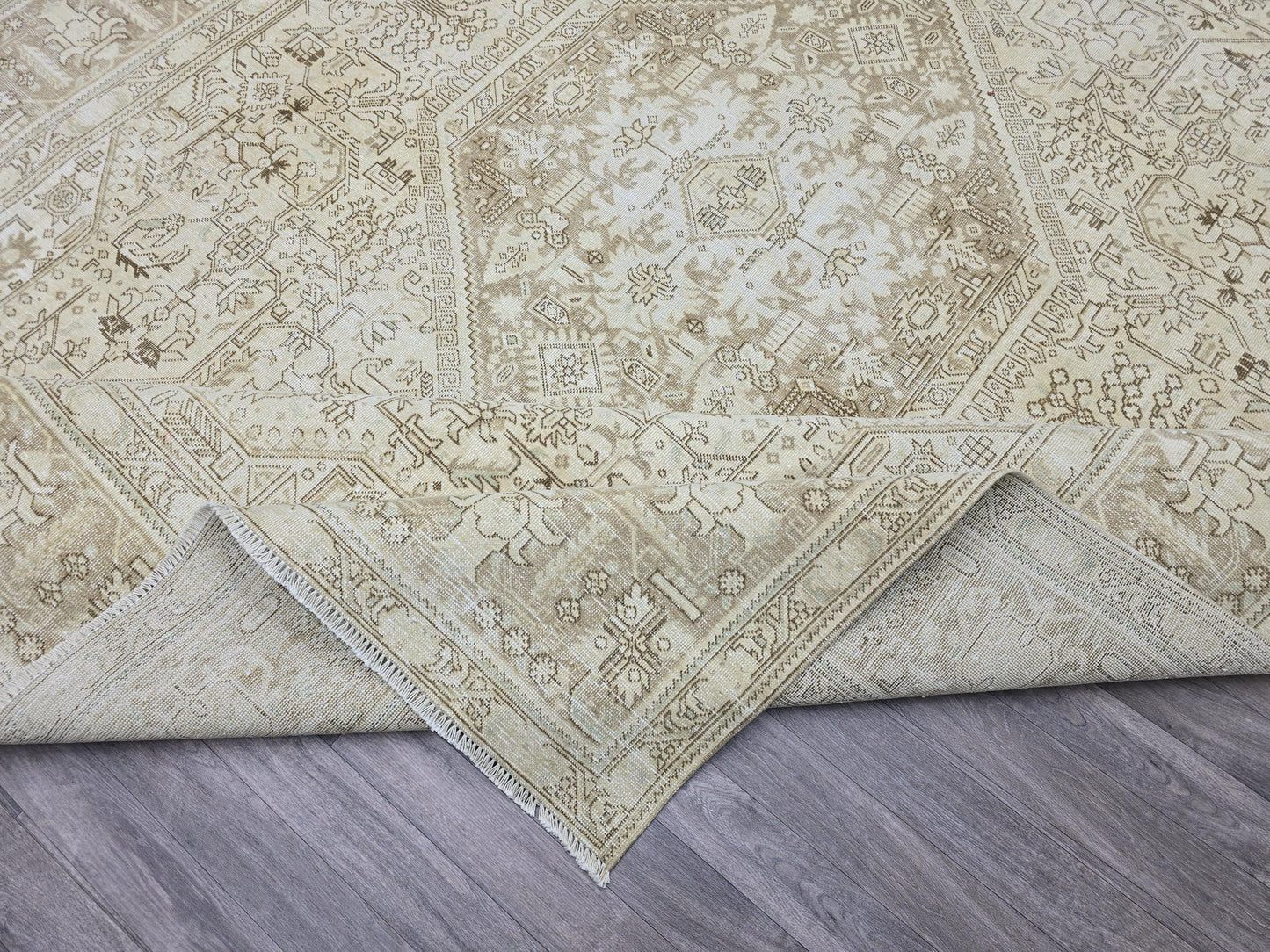 10x12 Ivory Persian Rug: Large Wool Oushak Geometric Carpet