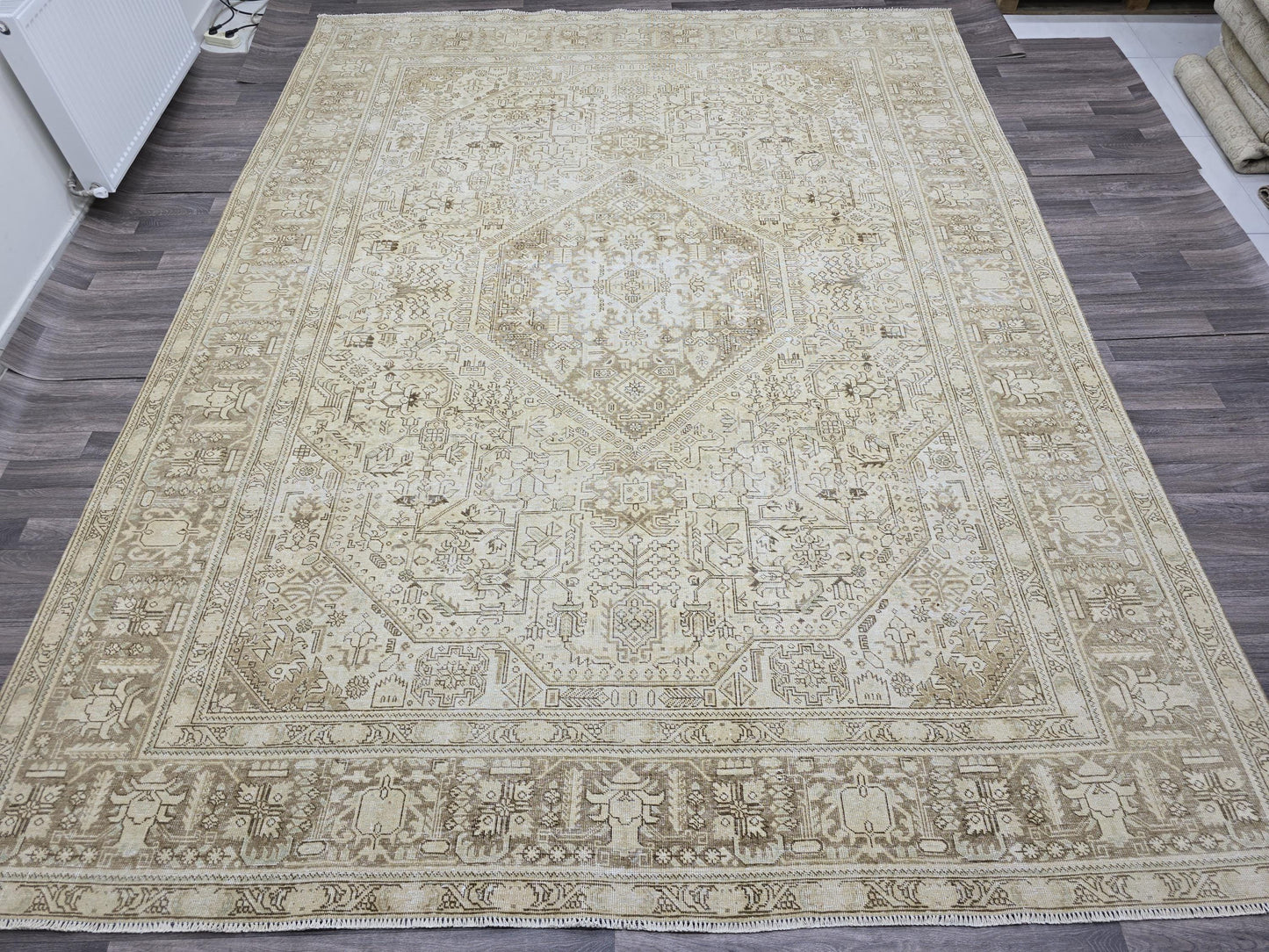 10x12 Ivory Persian Rug: Large Wool Oushak Geometric Carpet