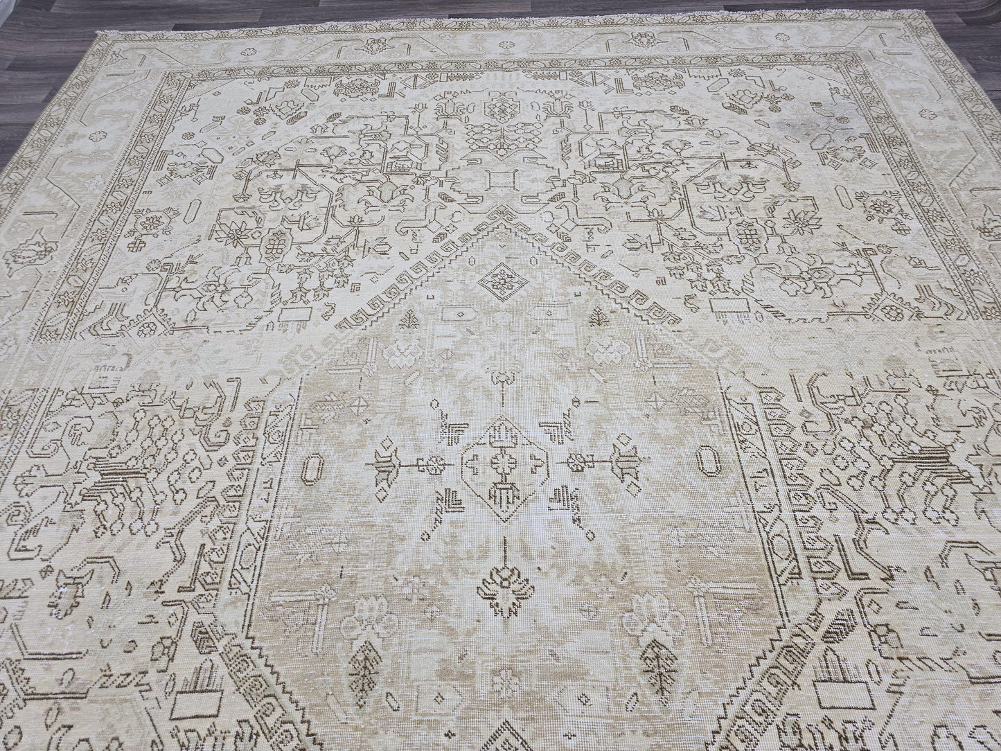 9x12 Neutral Turkish Oushak Rug, 9.5x12.2 Ft Vintage Beige Handwoven Area Rug, Large Antique Oriental Living Room Carpet