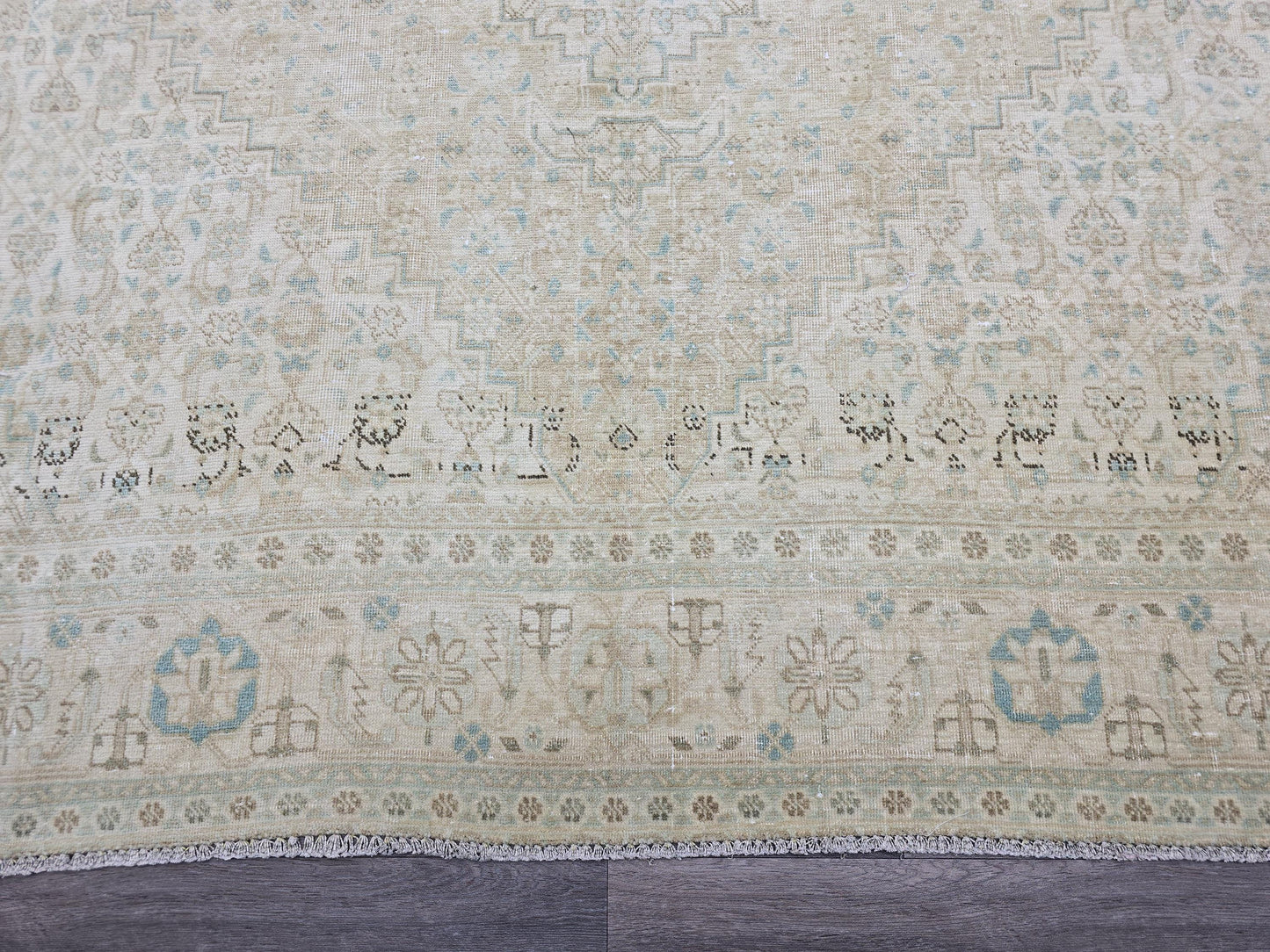 10x12 Muted Vintage Oushak Area Rug Geometric Cream Beige Sage Green Brown