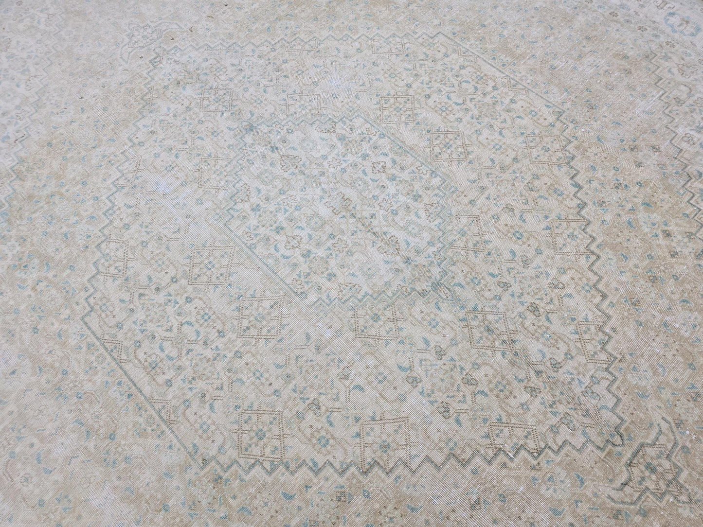 10x12 Muted Vintage Oushak Area Rug Geometric Cream Beige Sage Green Brown