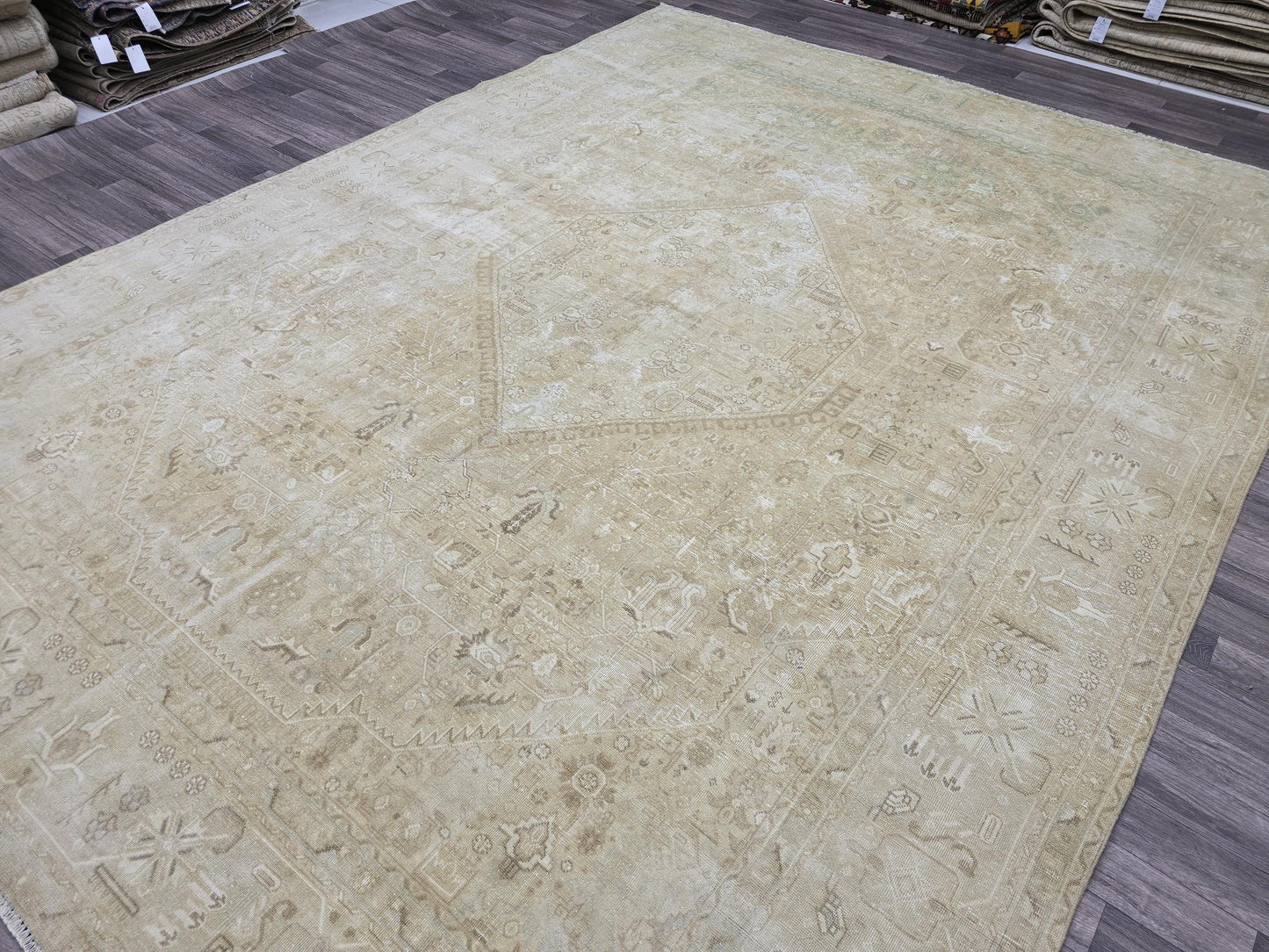9x12 Heriz Rug, Neutral Vintage Rug, Antique Oriental Wool Rug, Living Room Rug, Large Area Rug, Dining Room Rug, Geometric Rug