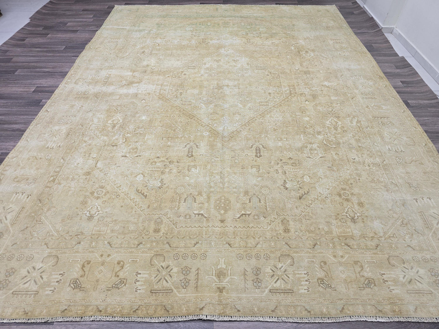 9x12 Heriz Rug, Neutral Vintage Rug, Antique Oriental Wool Rug, Living Room Rug, Large Area Rug, Dining Room Rug, Geometric Rug