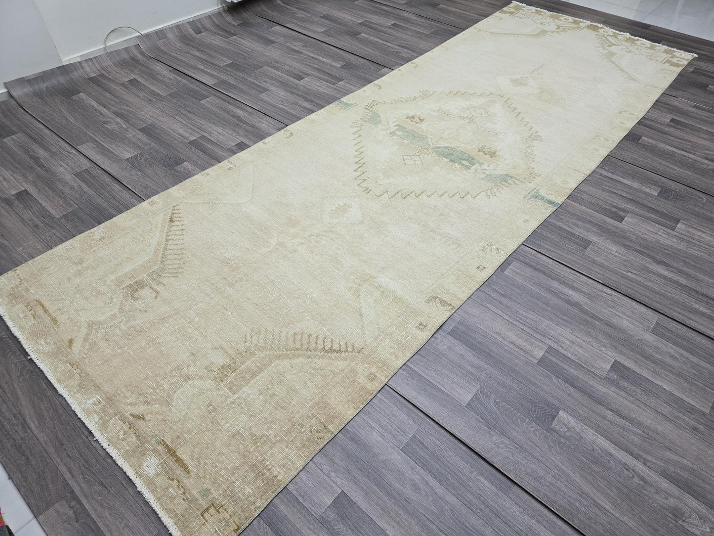 4.55x13.30 feet Vintage Turkish Runner Rug, Neutral Beige Hallway Runner, Handwoven Wool Runner, Minimalist Runner Carpet