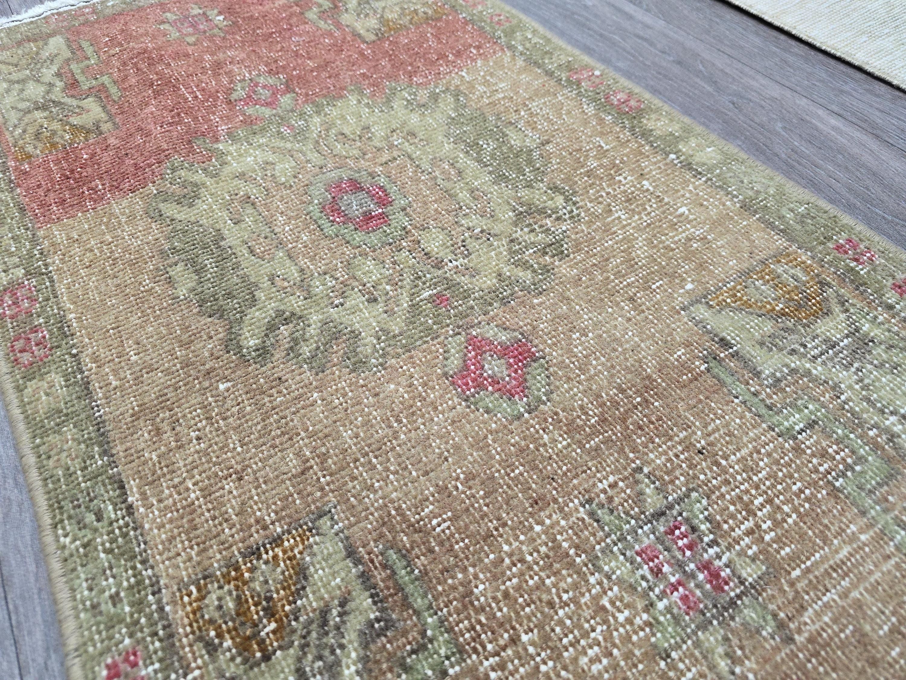 Handwoven Vintage Doormat 19x35 inches – Turkish Accent Rug in Warm Earthy Tones for