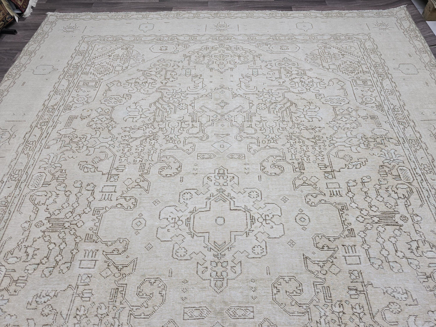 Vintage Oushak Rug 9x12 Cream Turkish Area Rug Handmade Wool Large Neutral Living Room Rug