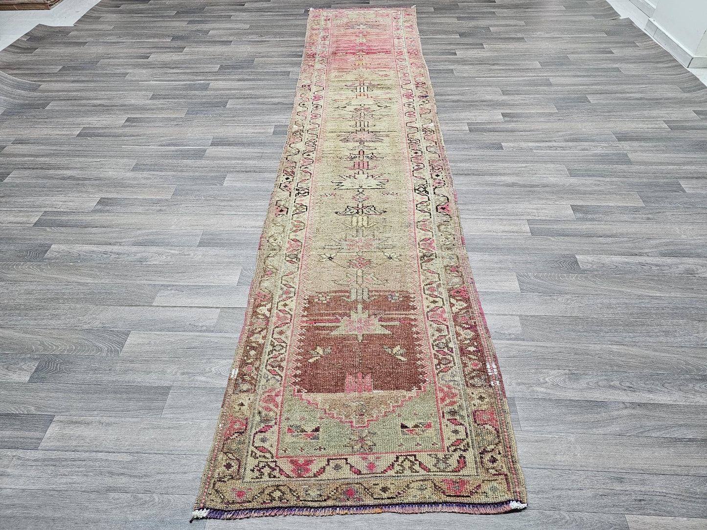 Vintage Turkish Wool Runner Rug: 3x12 Pastel Tribal Hallway Rug
