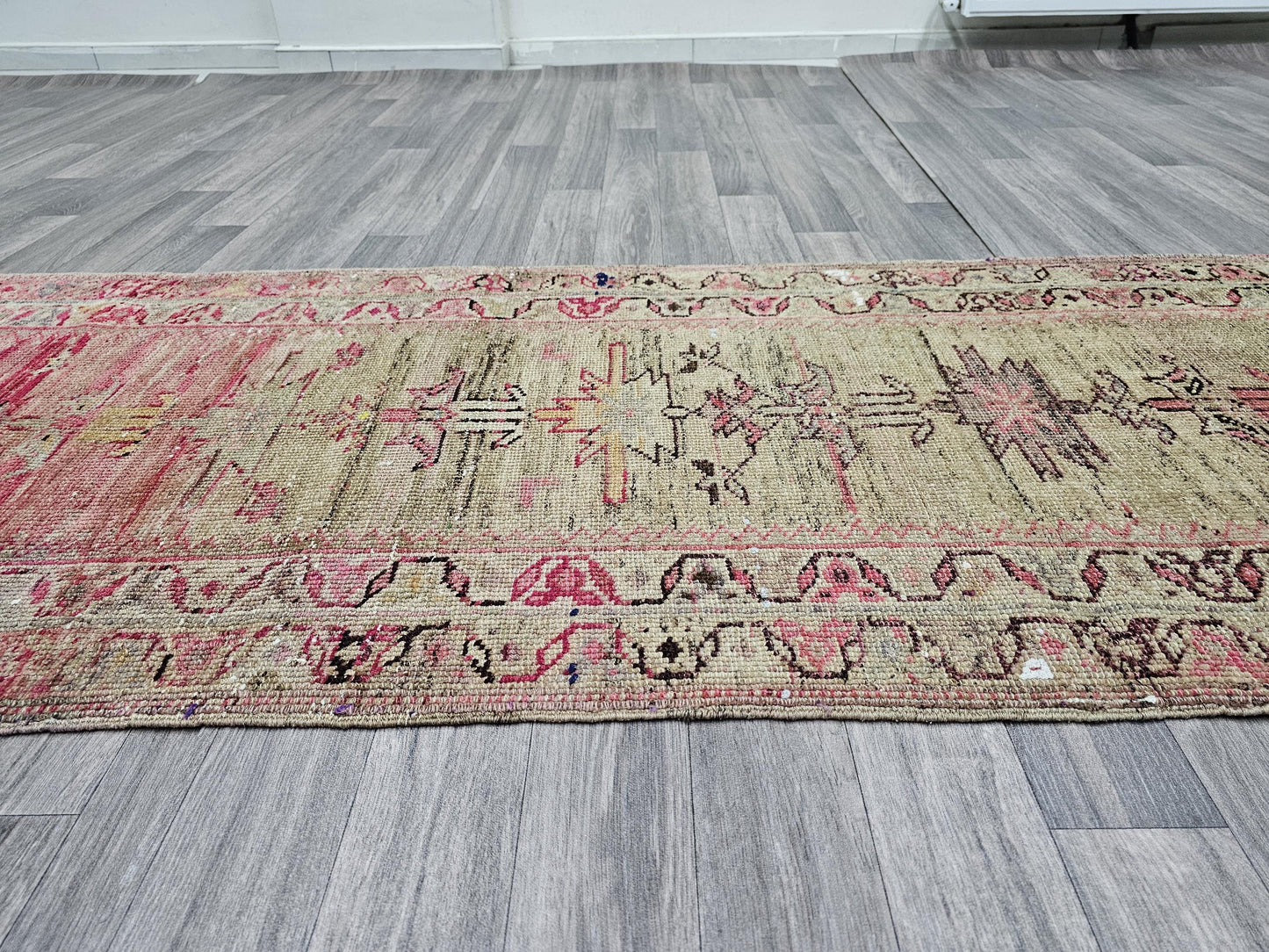 Vintage Turkish Wool Runner Rug: 3x12 Pastel Tribal Hallway Rug
