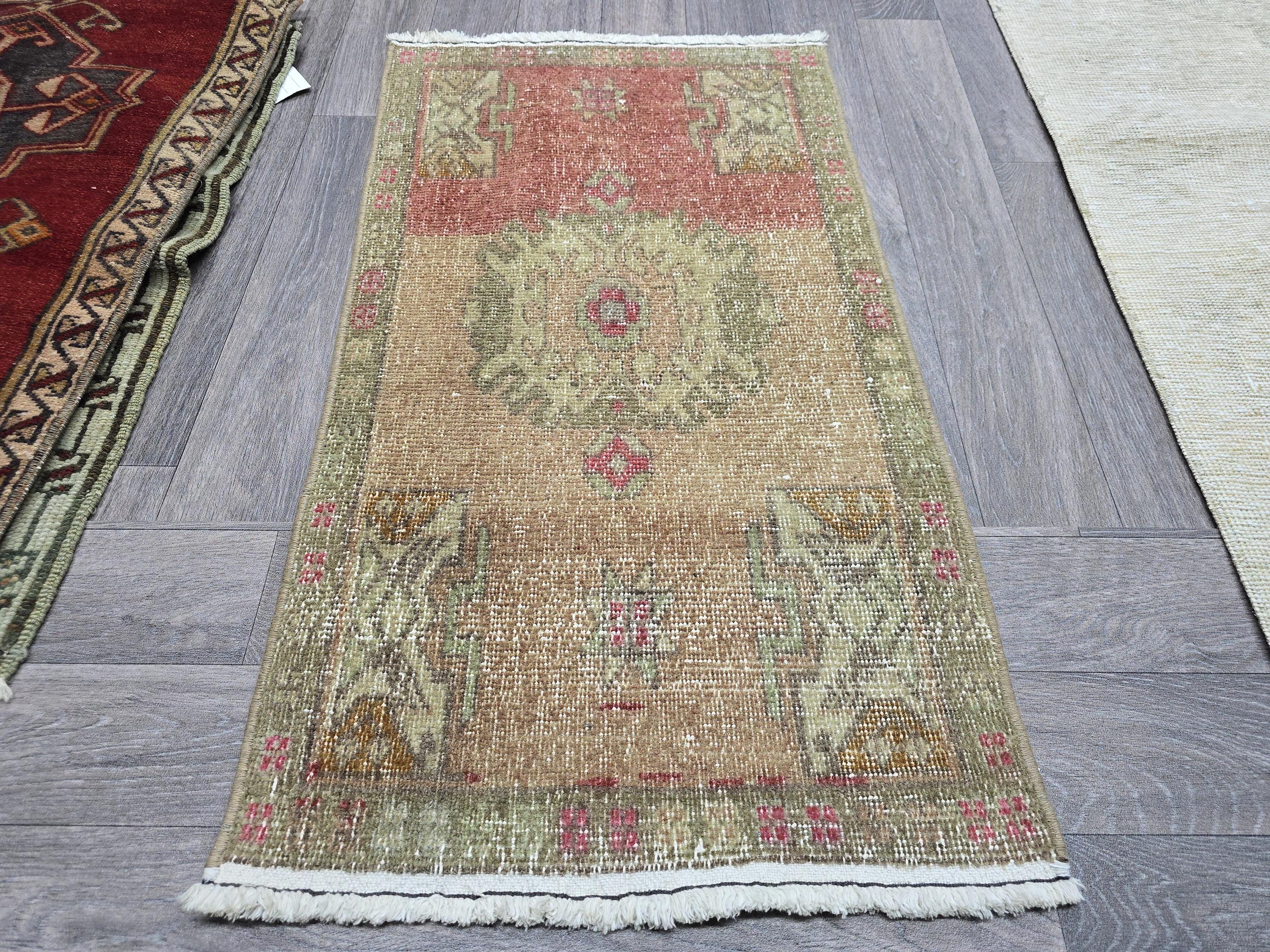 Handwoven Vintage Doormat 19x35 inches – Turkish Accent Rug in Warm Earthy Tones for