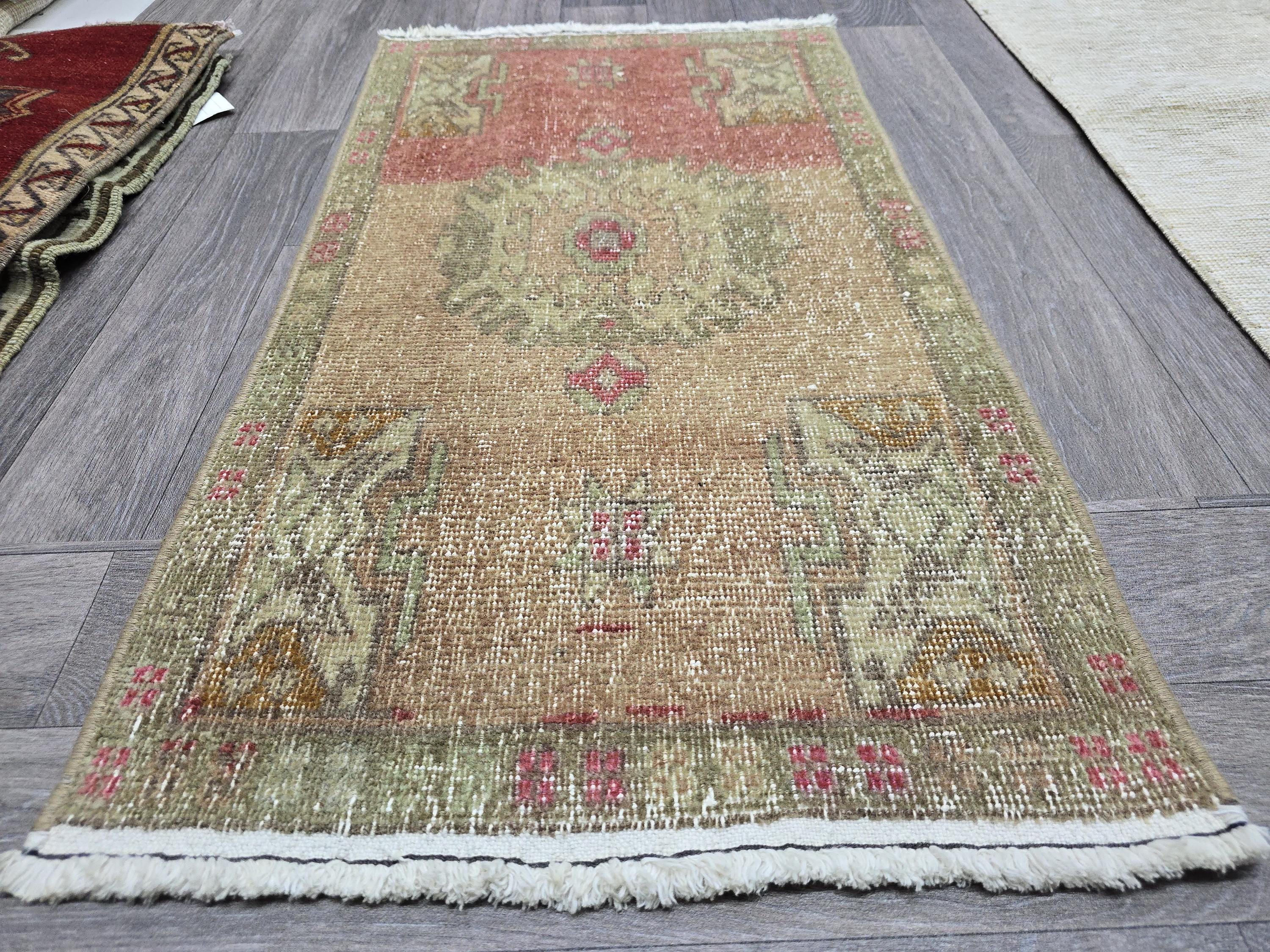 Handwoven Vintage Doormat 19x35 inches – Turkish Accent Rug in Warm Earthy Tones for