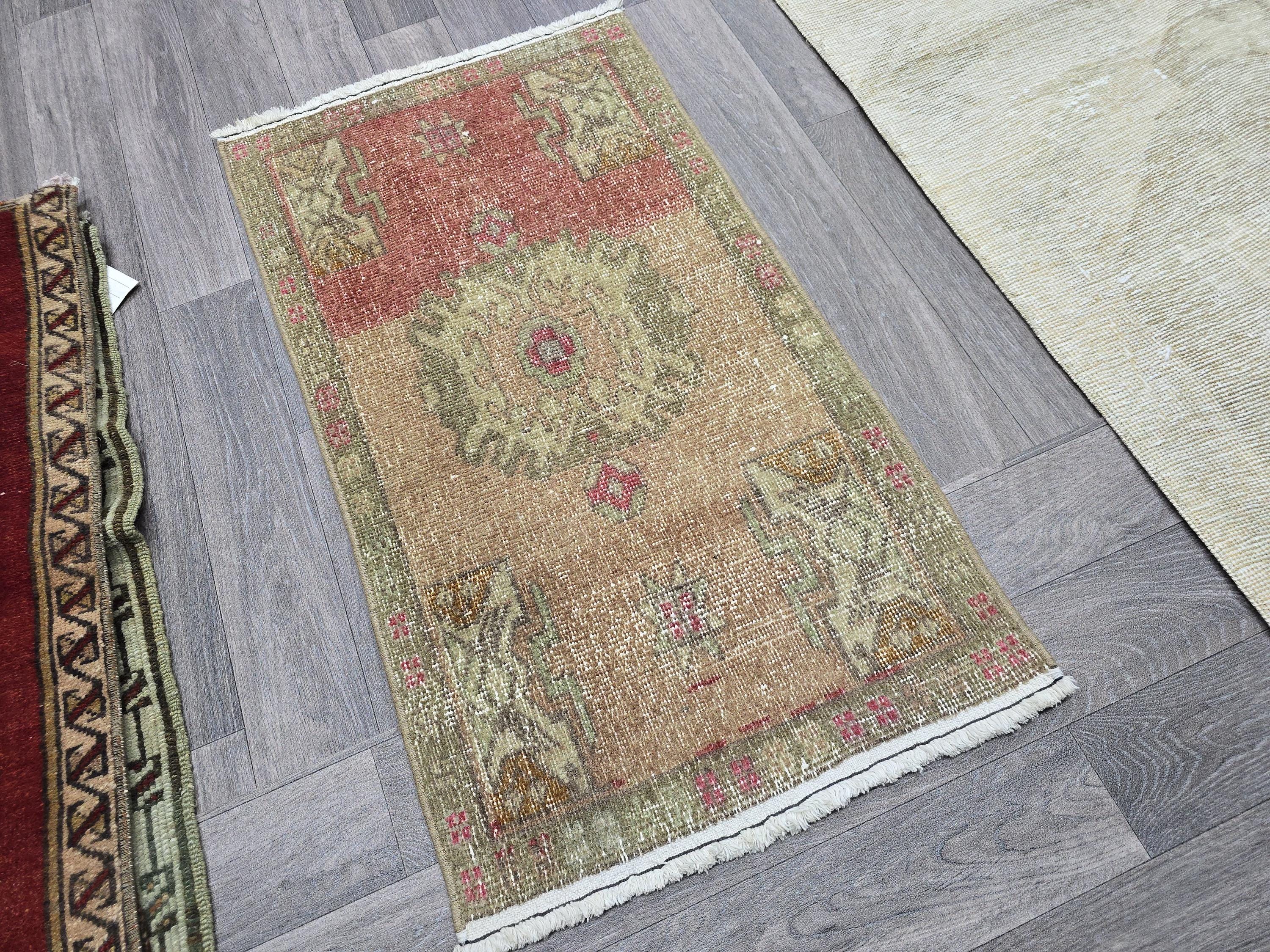 Handwoven Vintage Doormat 19x35 inches – Turkish Accent Rug in Warm Earthy Tones for