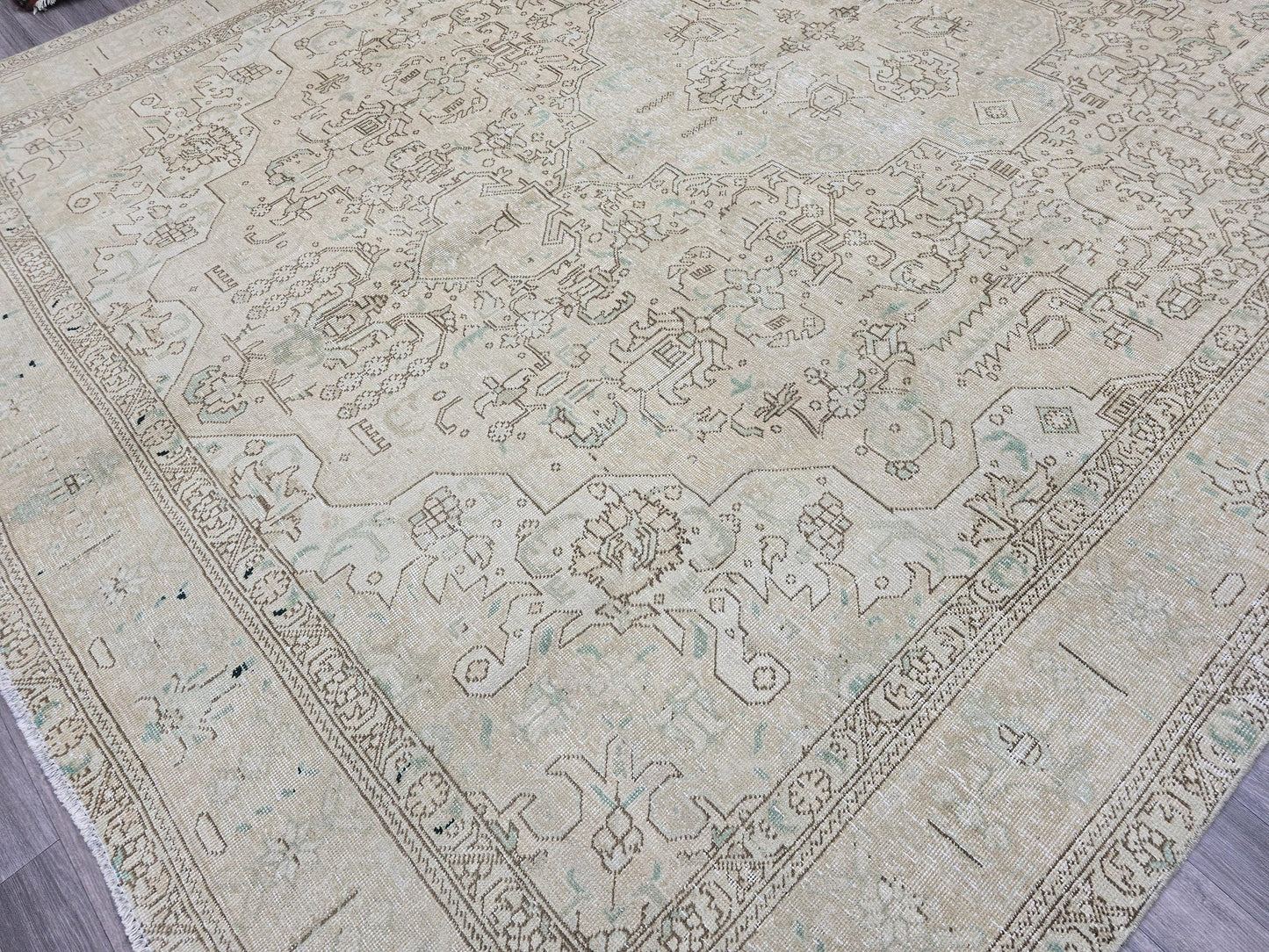 9x12 Vintage Heriz Rug: Neutral Oriental Wool, Large Area Rug