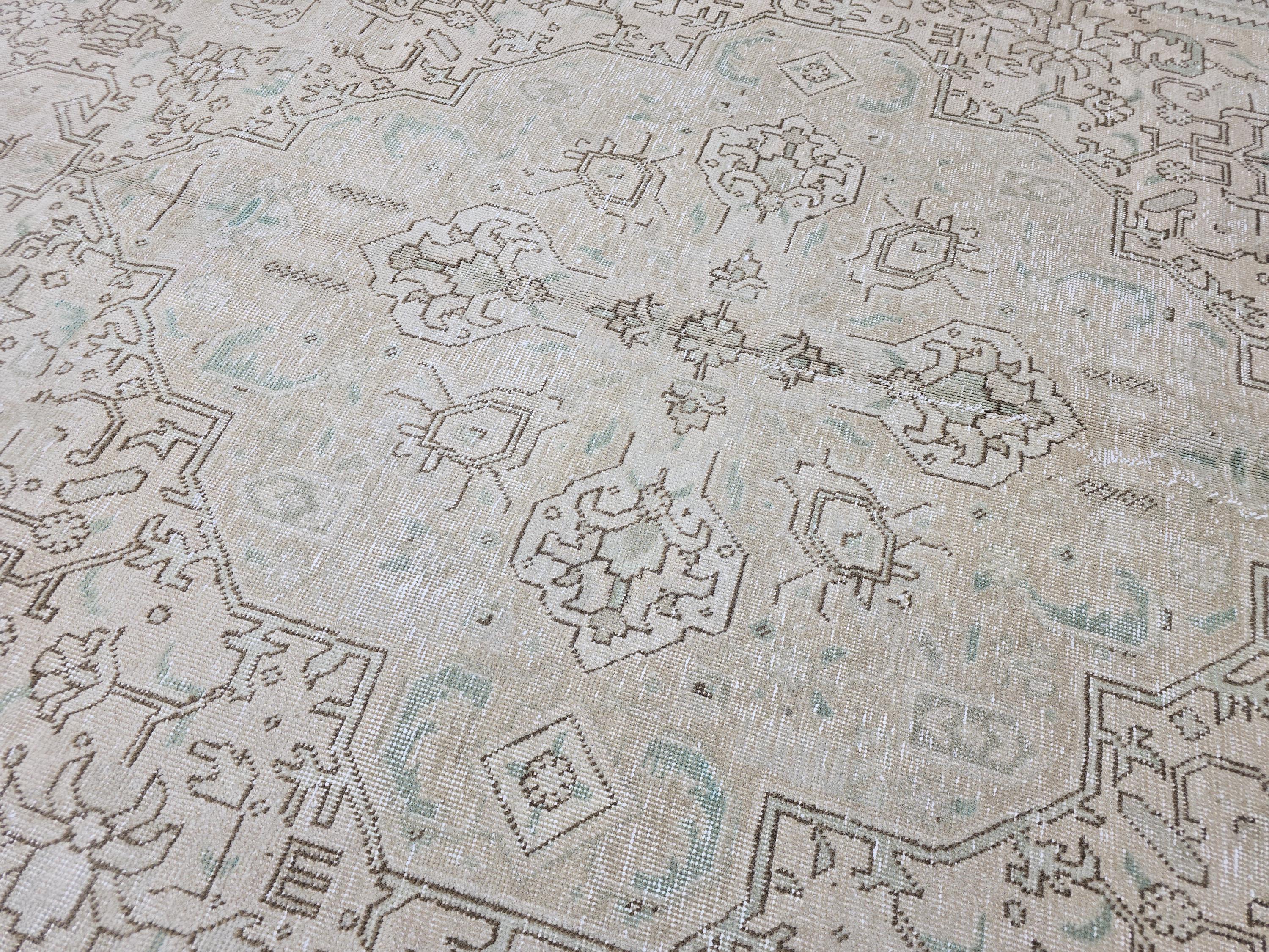 9x12 Vintage Heriz Rug: Neutral Oriental Wool, Large Area Rug