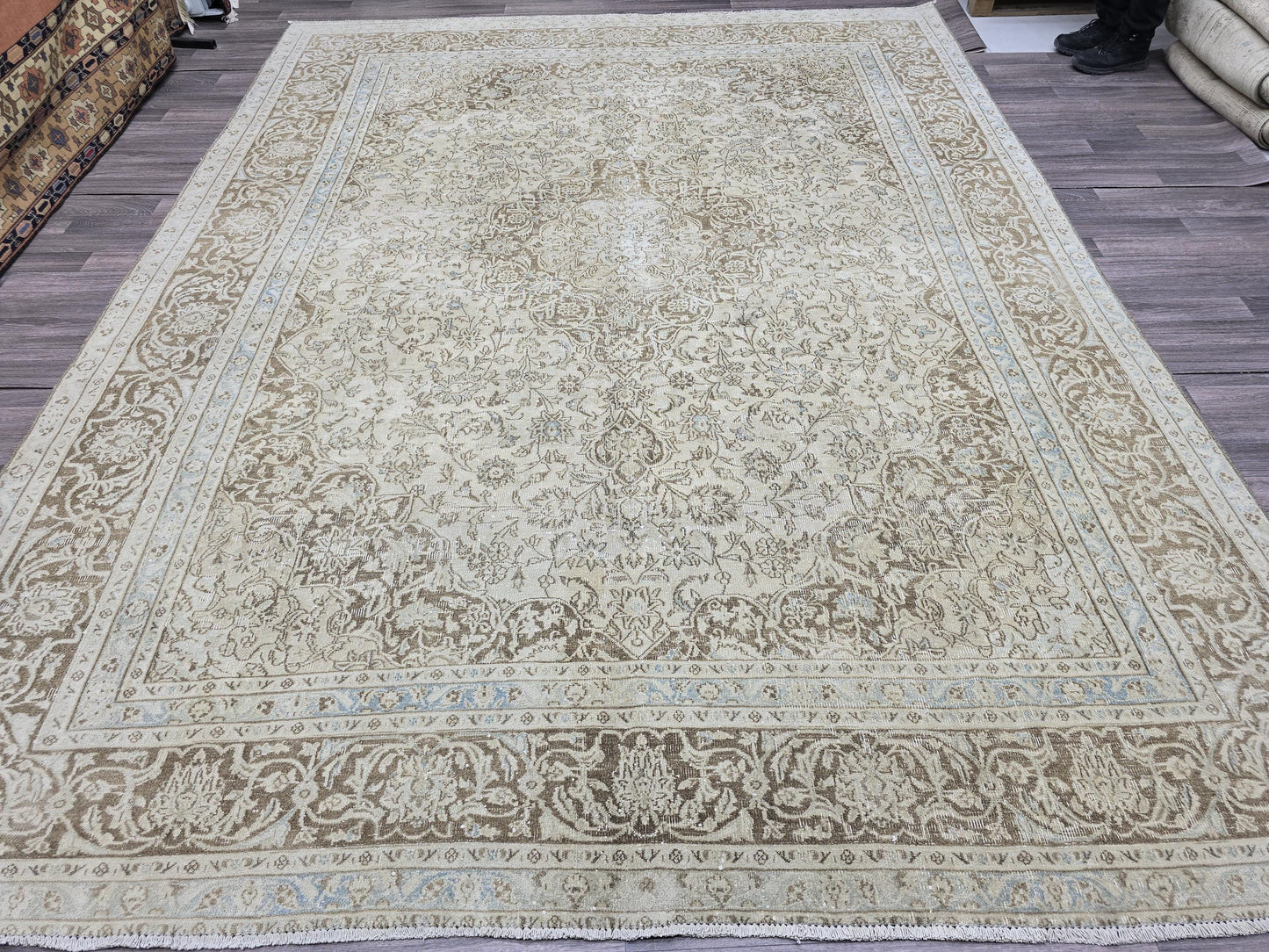 Vintage Turkish Rug 9x12 Beige Oushak Carpet, Handmade Wool Area Rug, Large Neutral Living Room Rug