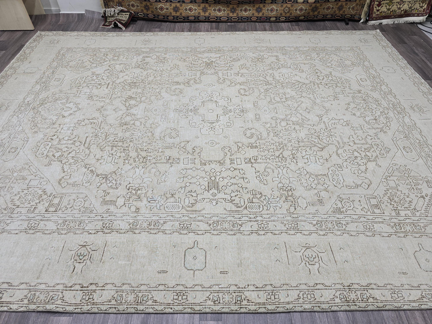 9x12 Vintage Distressed Turkish Oushak Area Rug | Neutral Beige Cream Ivory Large Area Rug | Traditional Farmhouse Living Room Rug 9x12