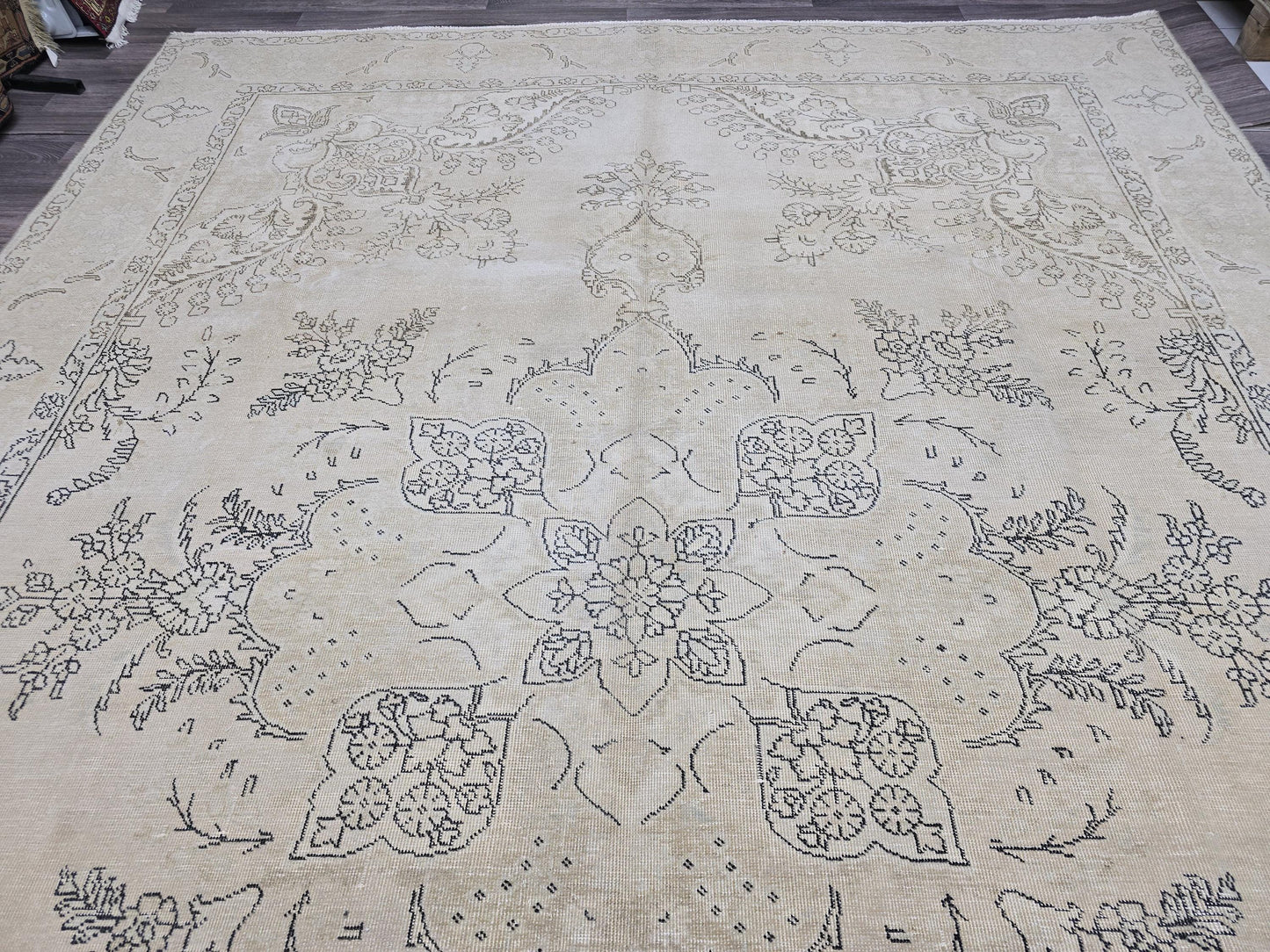 Turkish Rug 9x12 - Oversized Neutral Area Rug - Muted Vintage Rug Extra Large - Faded Oushak Rug - Cream Beige Brown Carpet