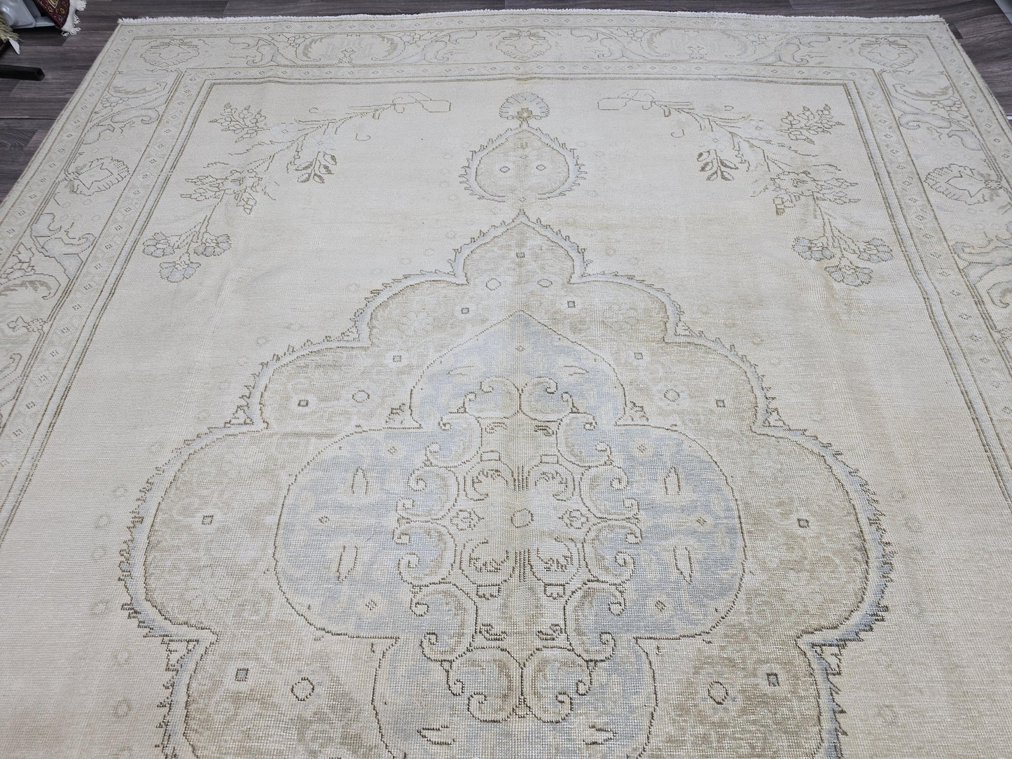 Vintage Handwoven Wool Persian Rug 9x12: Cream Floral Medallion