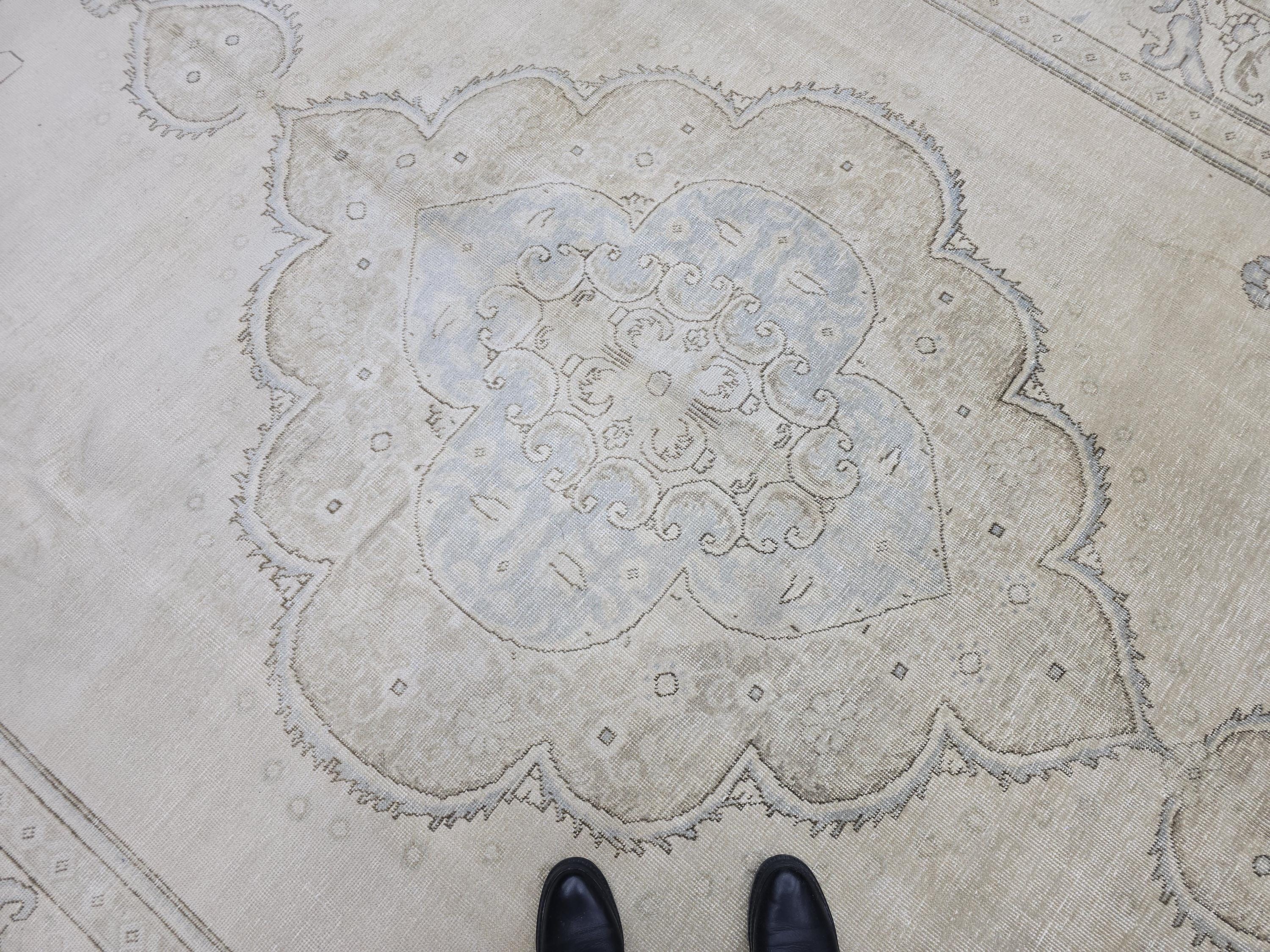 Vintage Handwoven Wool Persian Rug 9x12: Cream Floral Medallion