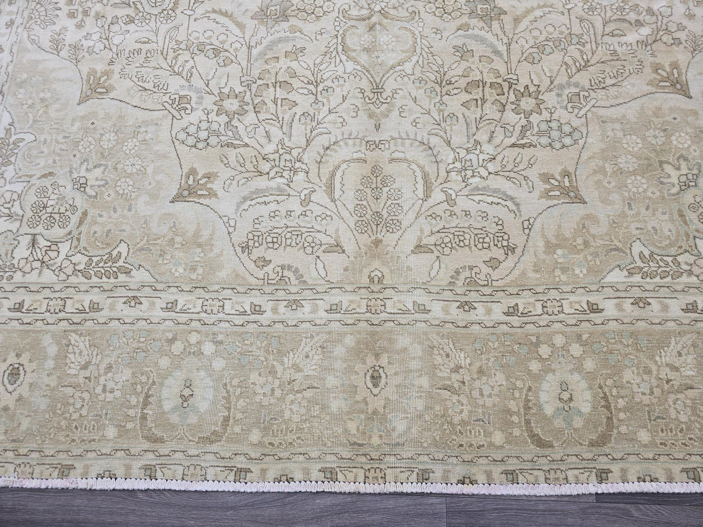 Vintage Turkish Oushak Rug 10x12: Beige Wool Floral Medallion Carpet