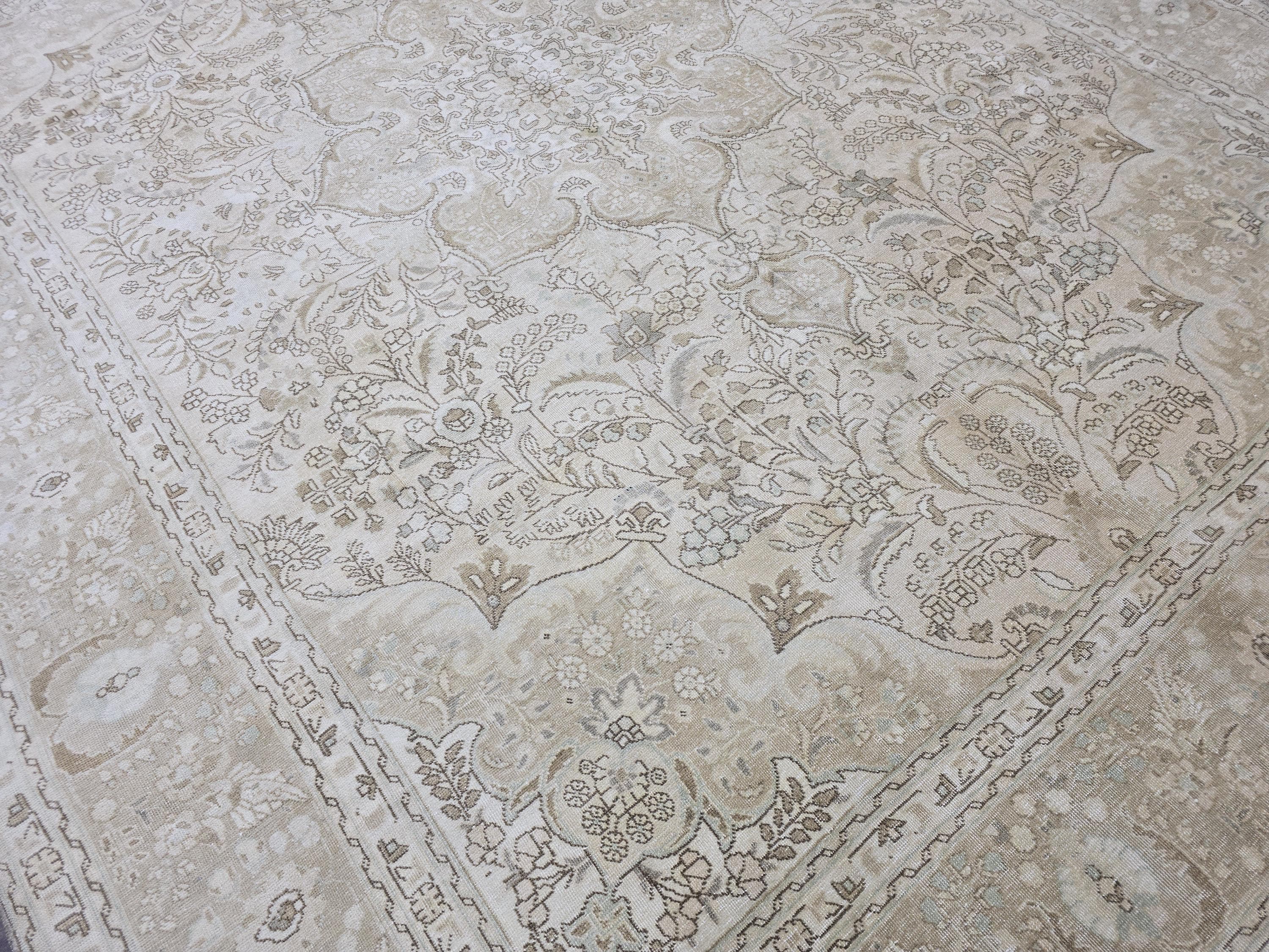 Vintage Turkish Oushak Rug 10x12: Beige Wool Floral Medallion Carpet