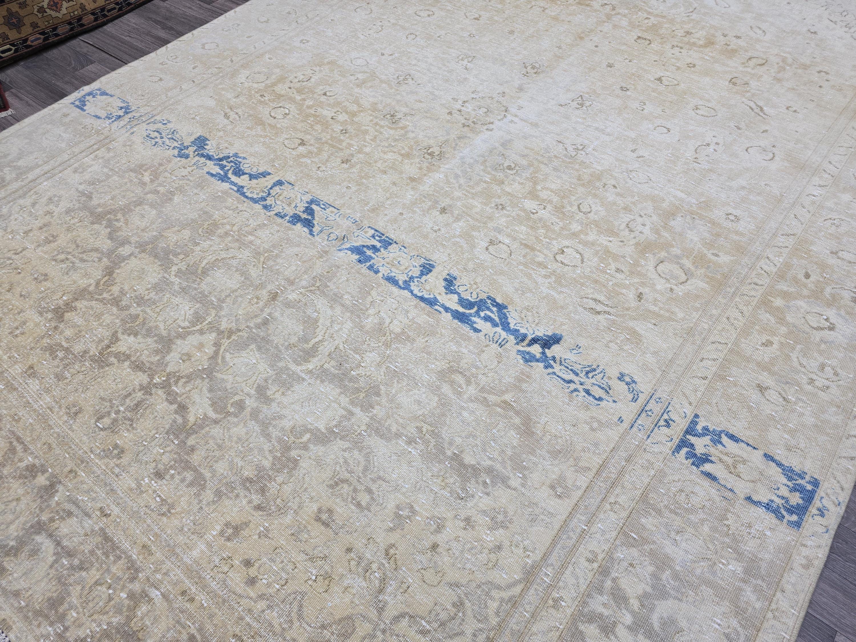Vintage Turkish Oushak Rug 9x12: Handmade Wool Cream & Blue Boho Carpet