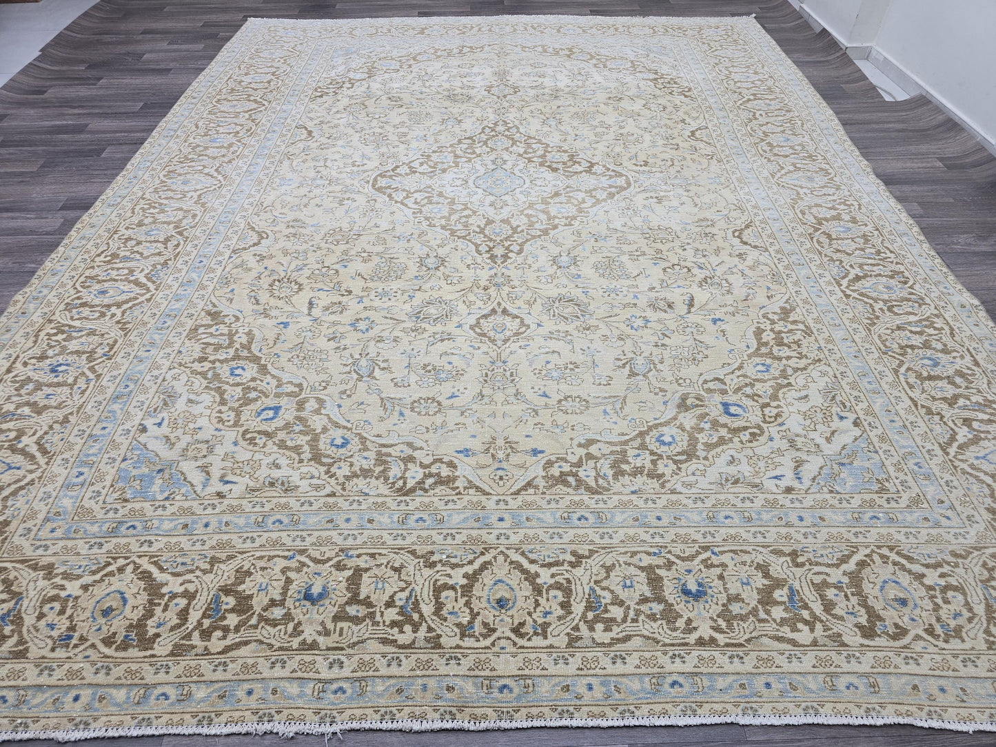 Oushak Area Rug 9x12 ft, Vintage Turkish Rug Blue Beige, Large Persian Carpet, Handmade Wool Rug for Living Room Bedroom Office