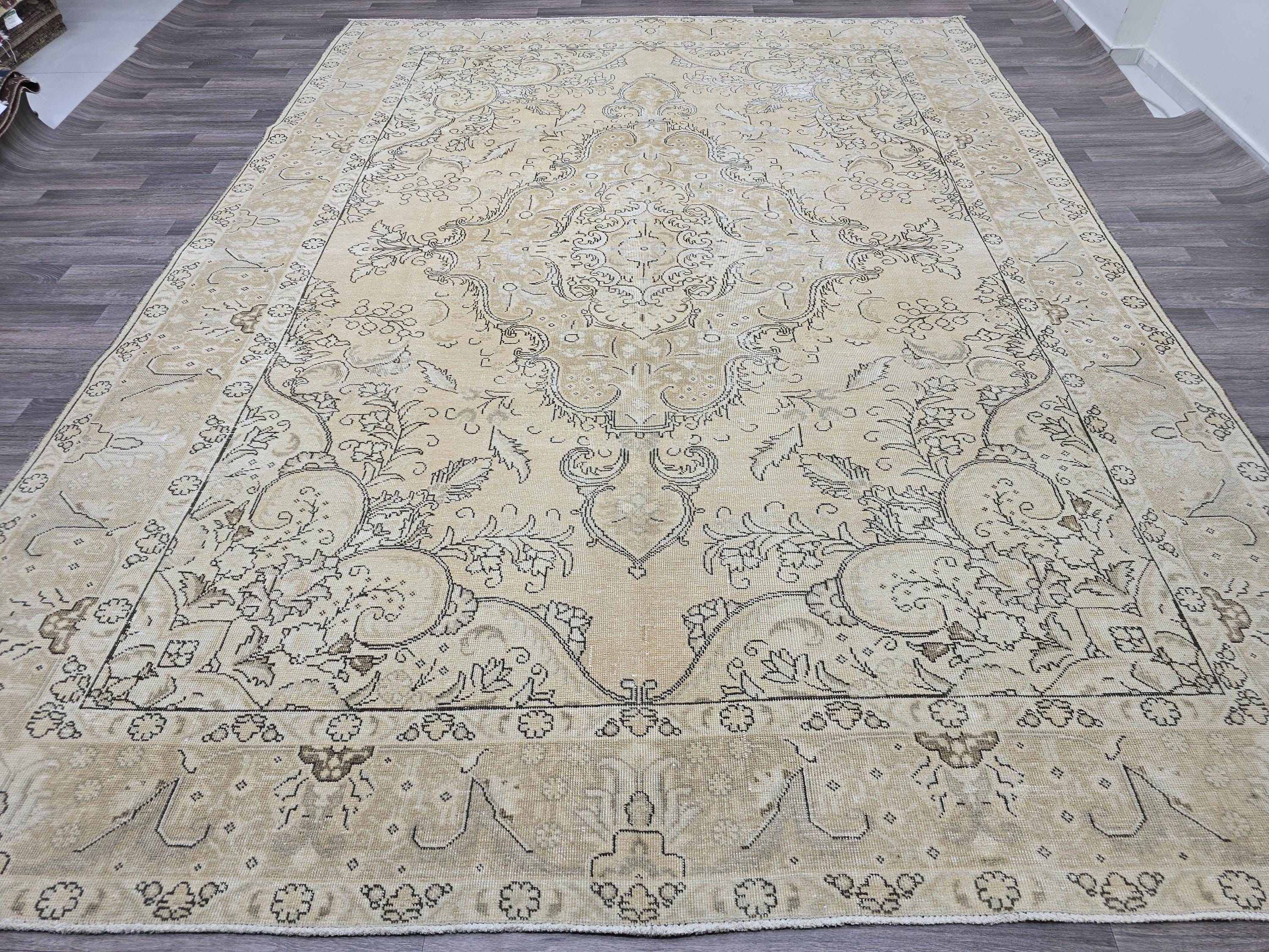 9x12 Oversized Vintage Oushak Rug: Distressed Tan Wool Medallion