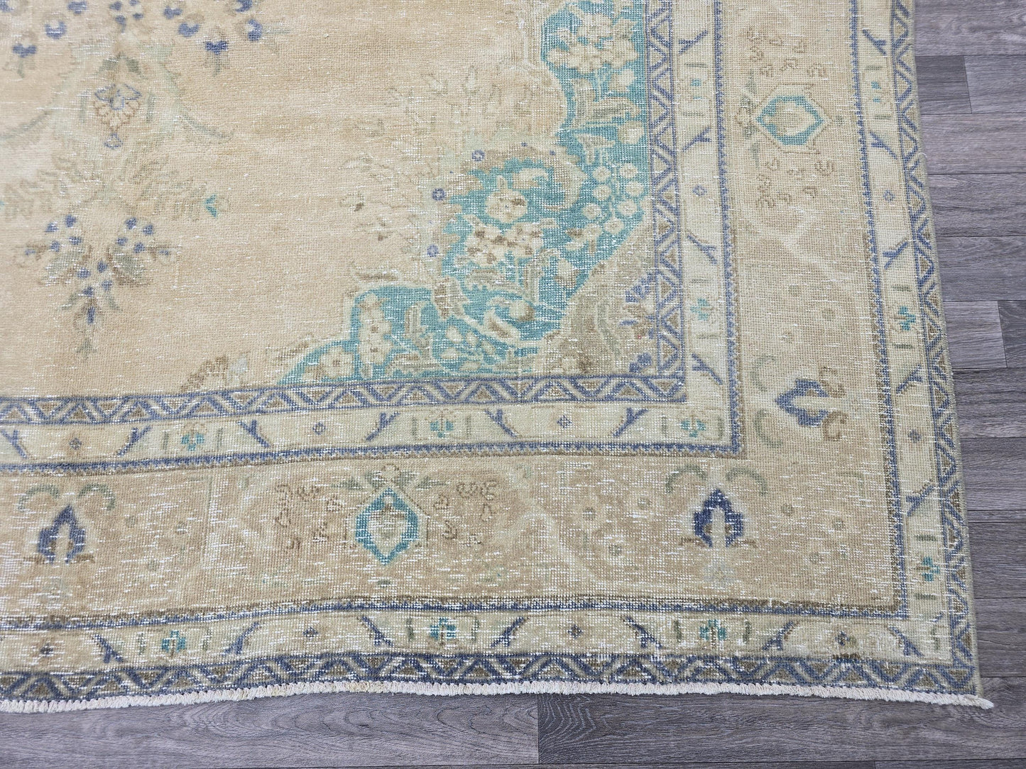 Vintage Turkish Oushak Rug 8x11: Handwoven Wool, Muted Blue Beige