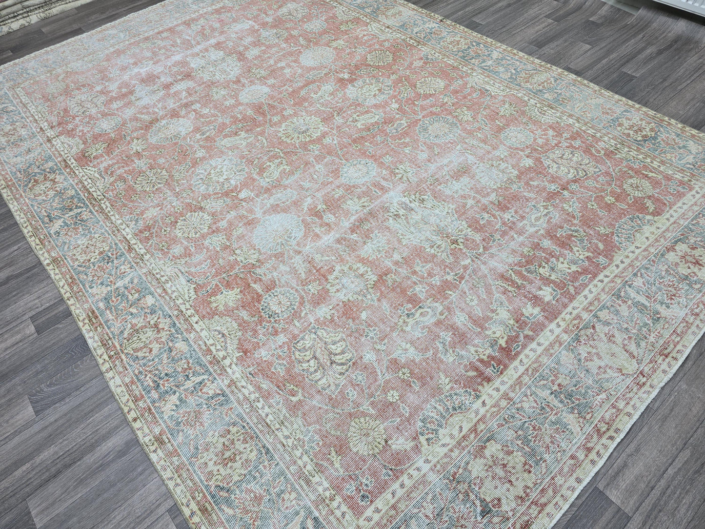 Large Turkish Oushak Rug 8x12 Pink Blue Vintage Carpet Handmade Wool Area Rug Floral