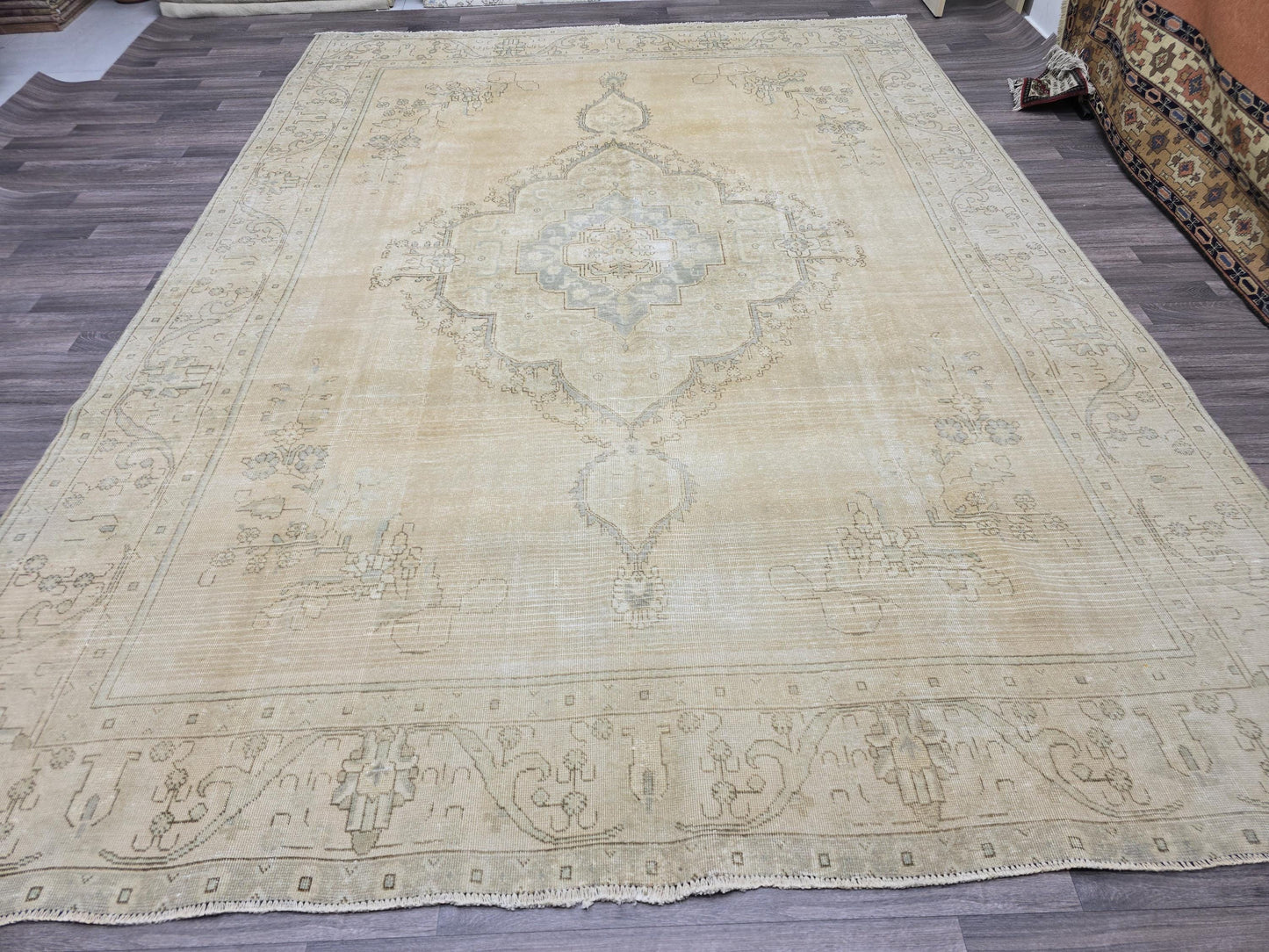 9x12 Turkish Vintage Rug Cream Oushak Handwoven Wool Area Carpet Pale Blue Medallion
