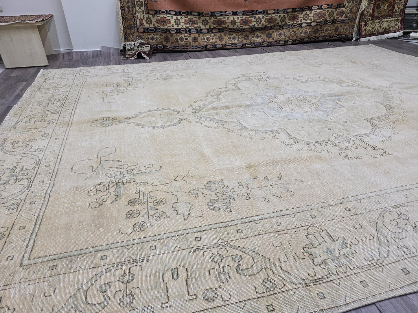 9x12 Turkish Vintage Rug Cream Oushak Handwoven Wool Area Carpet Pale Blue Medallion