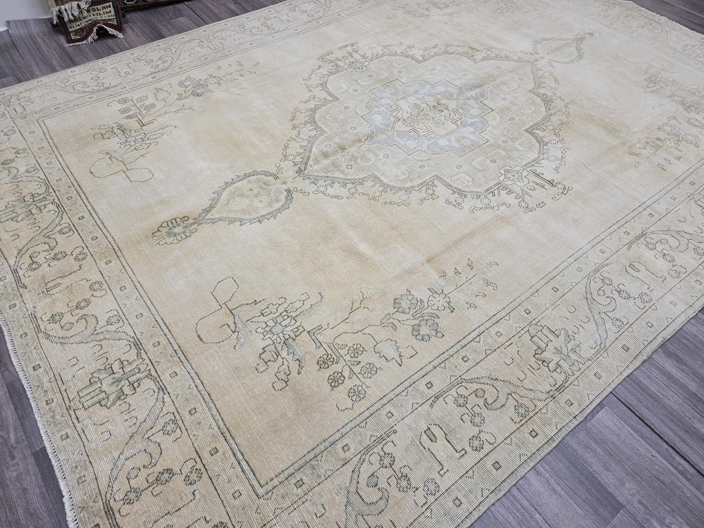 9x12 Turkish Vintage Rug Cream Oushak Handwoven Wool Area Carpet Pale Blue Medallion