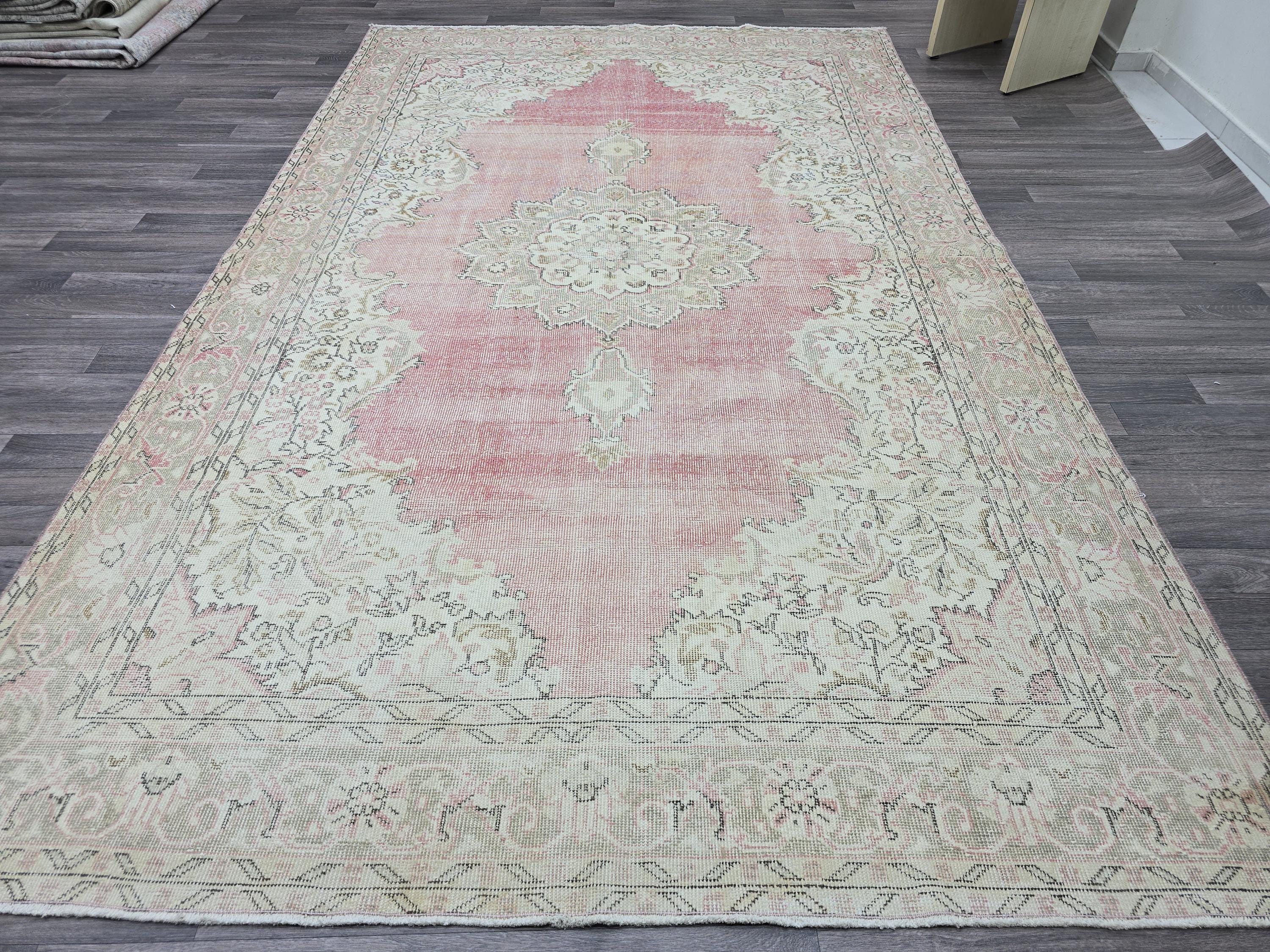 Pink Turkish Rug 7x11 Vintage Oushak Area Rug Distressed Medallion Living Room Large Carpet