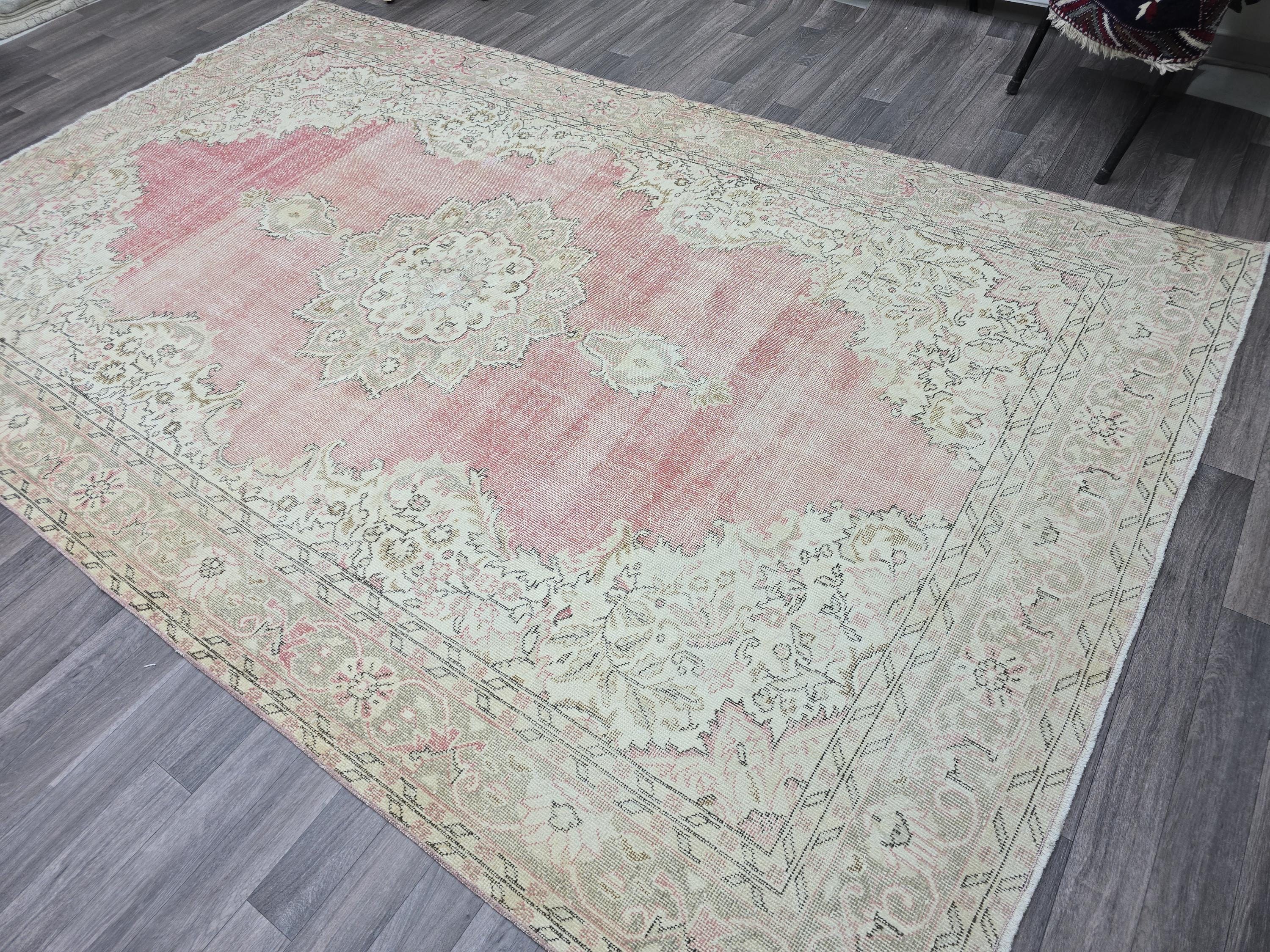 Pink Turkish Rug 7x11 Vintage Oushak Area Rug Distressed Medallion Living Room Large Carpet