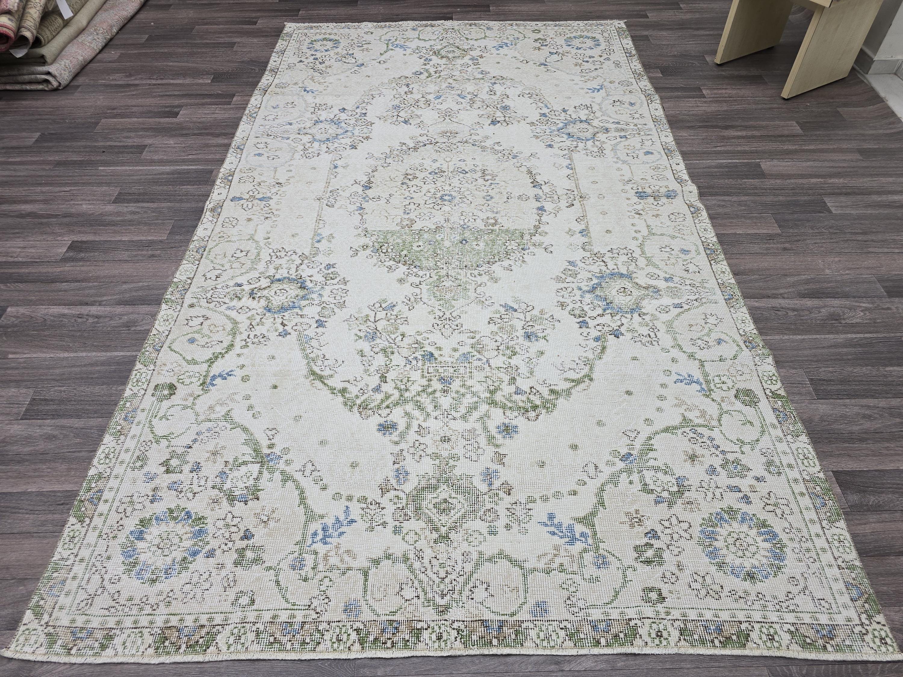 6x9 Vintage Turkish Oushak Rug: Handwoven Wool Cream Floral Carpet
