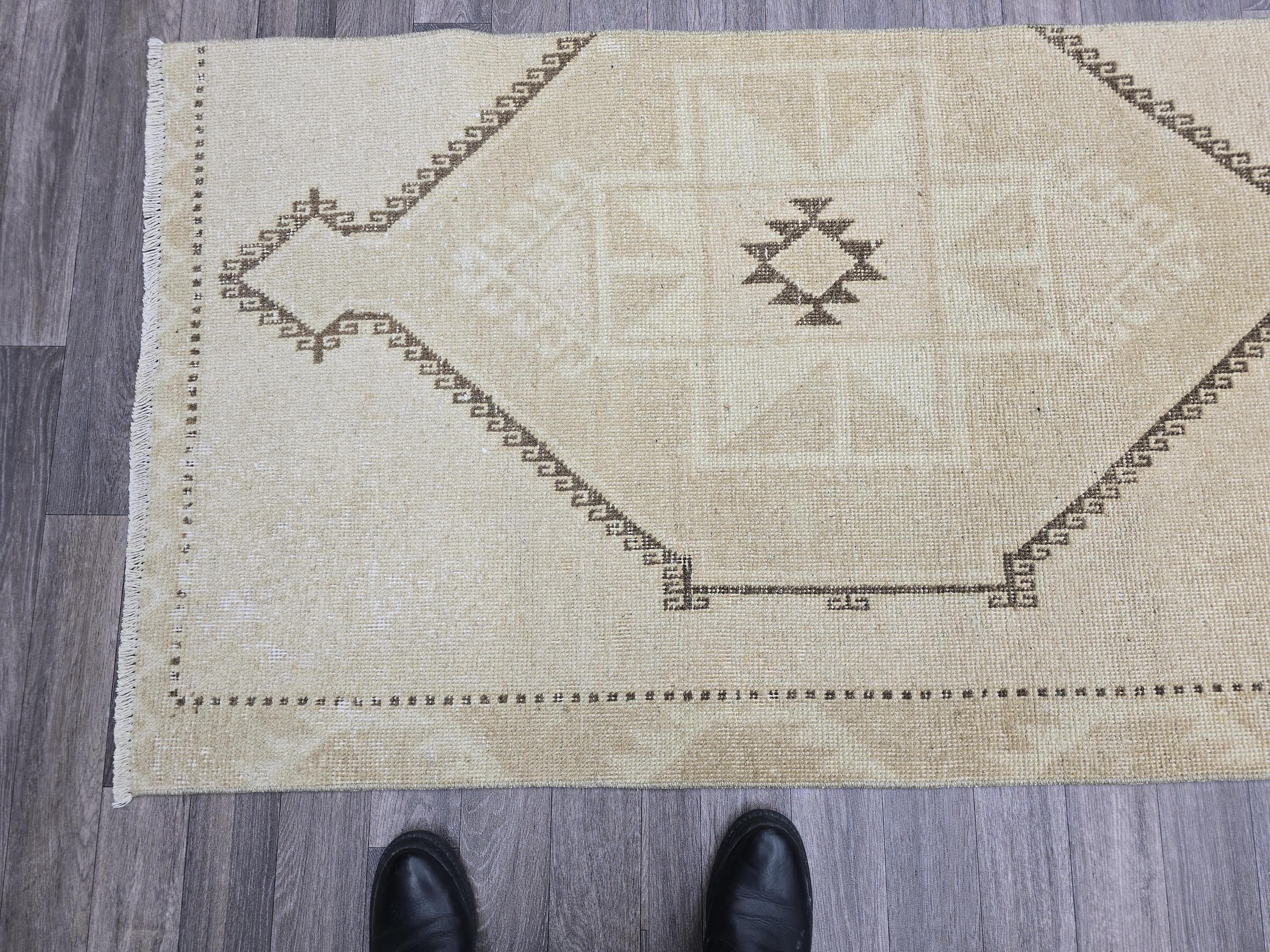 Vintage Persian Runner Rug: Cream Beige Wool Hallway Carpet, 3x13 Boho Rug